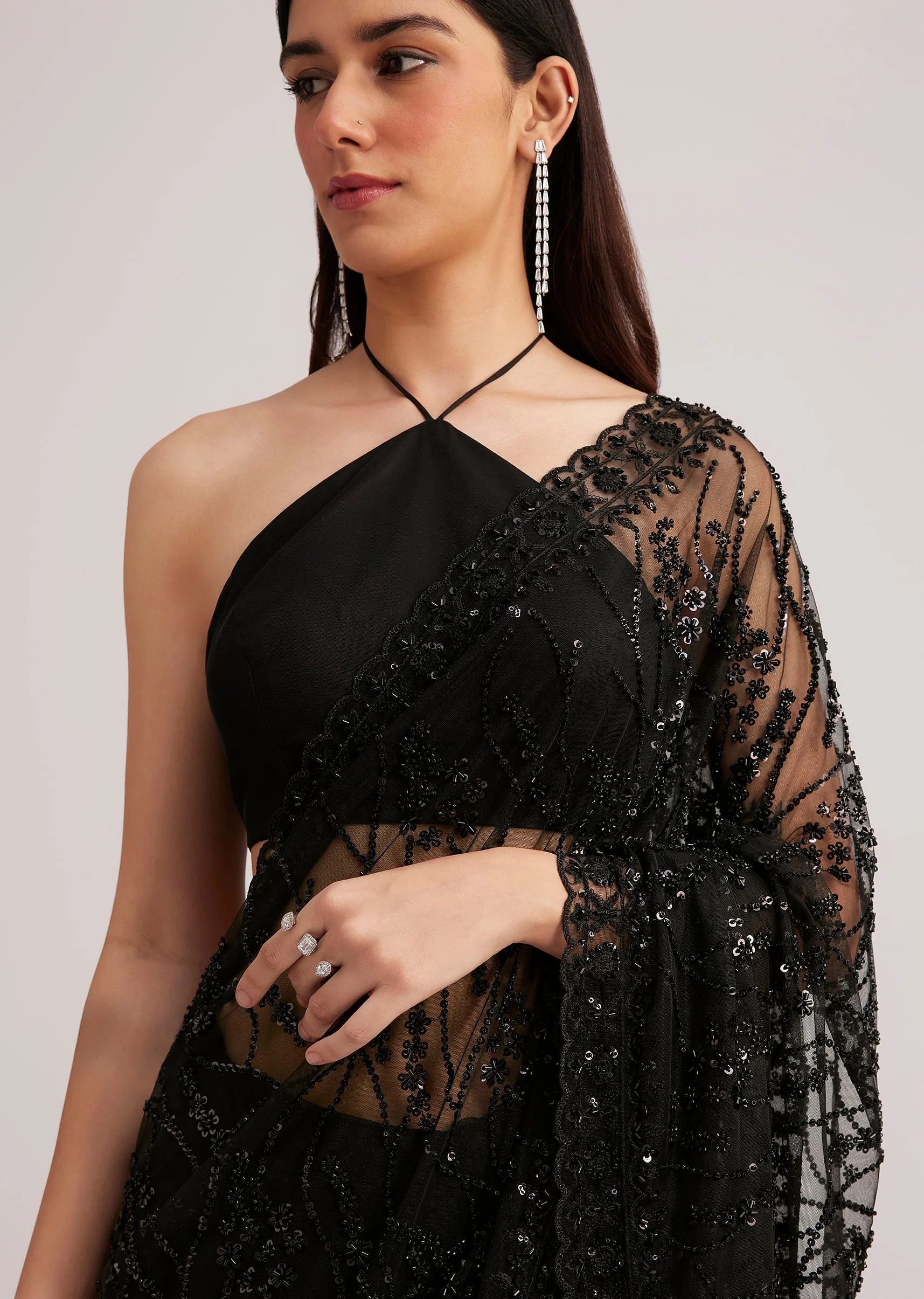 Black Net Saree Heavy Embroidered With Sequins And Stones - Image 5