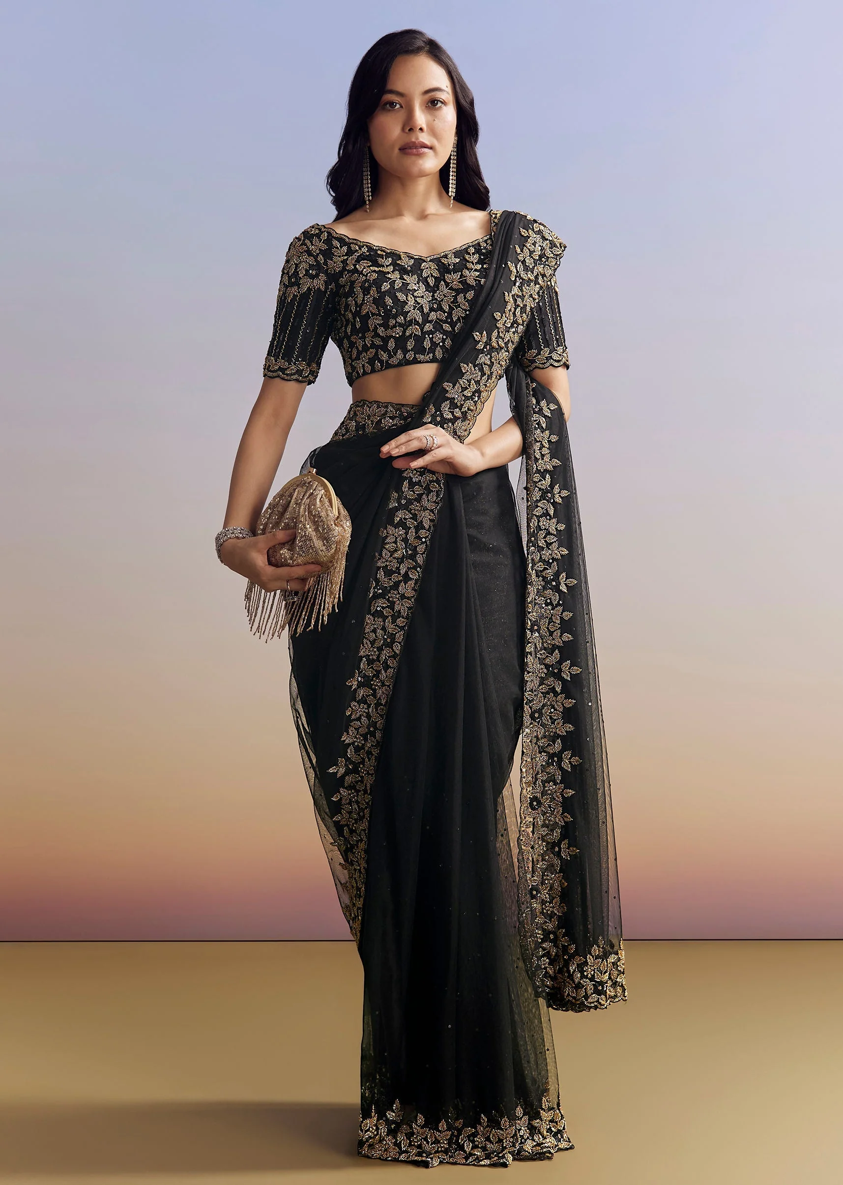 Black Net Saree With Embroidered Border - Image 3