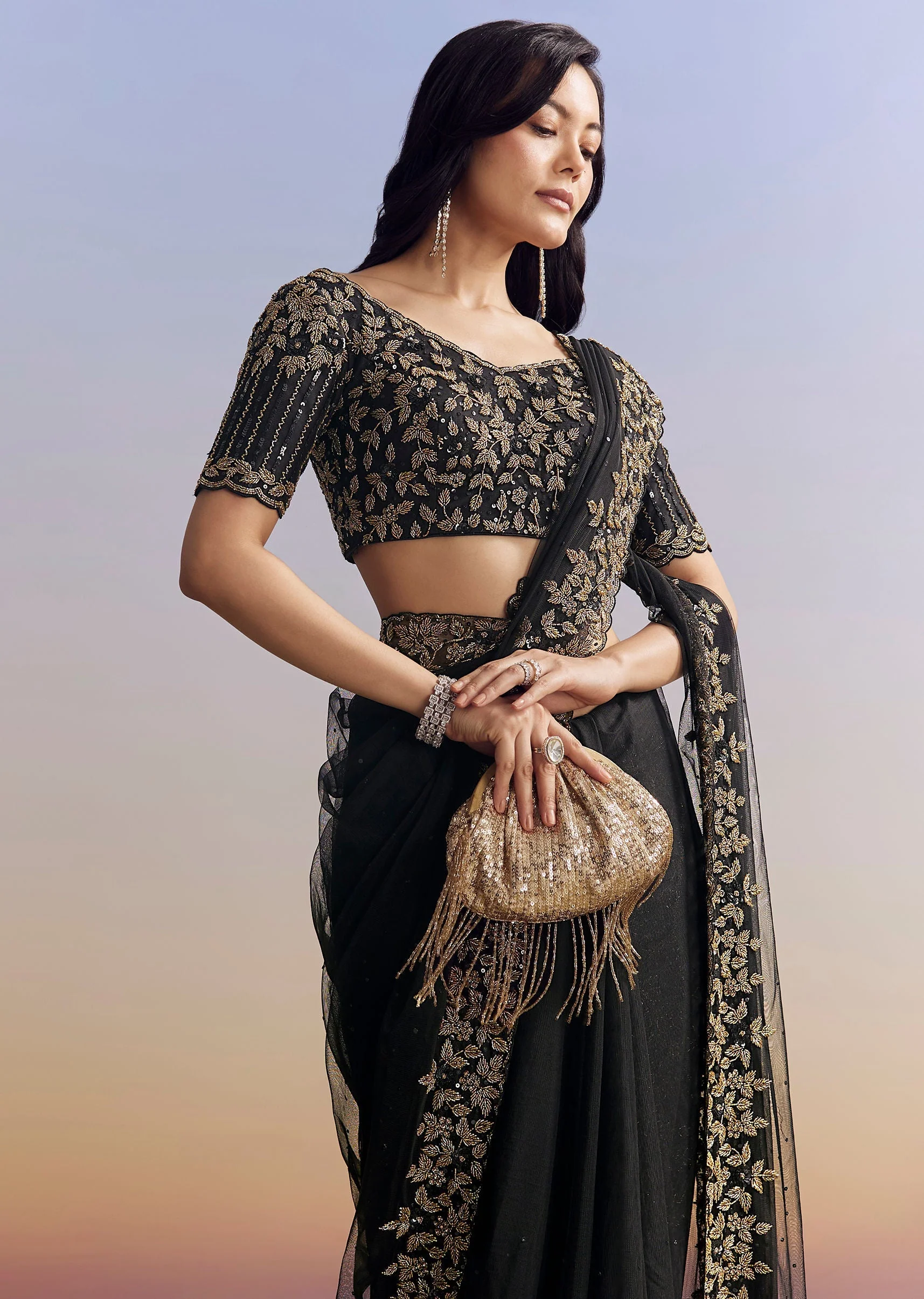 Black Net Saree With Embroidered Border - Image 5