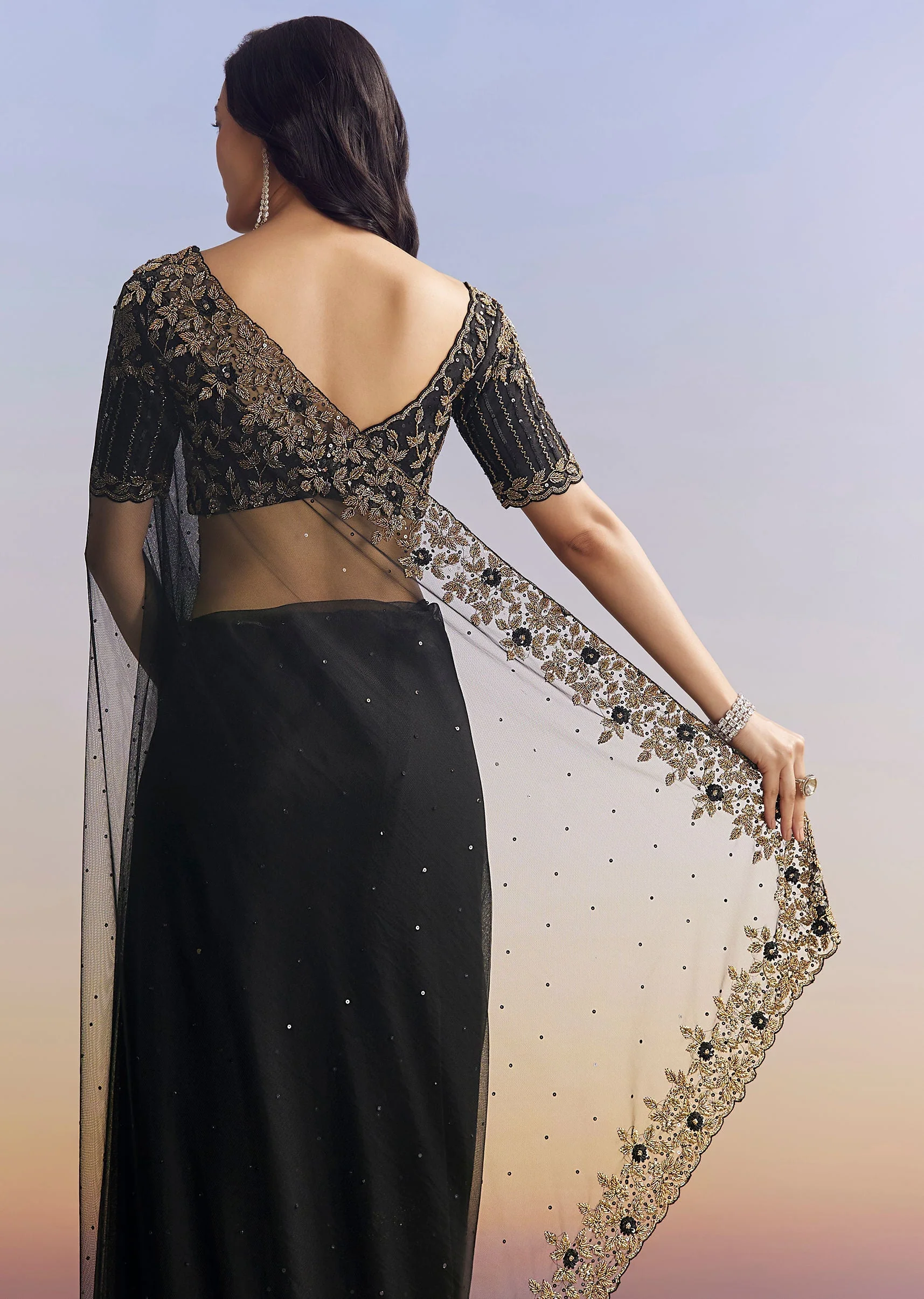 Black Net Saree With Embroidered Border - Image 6
