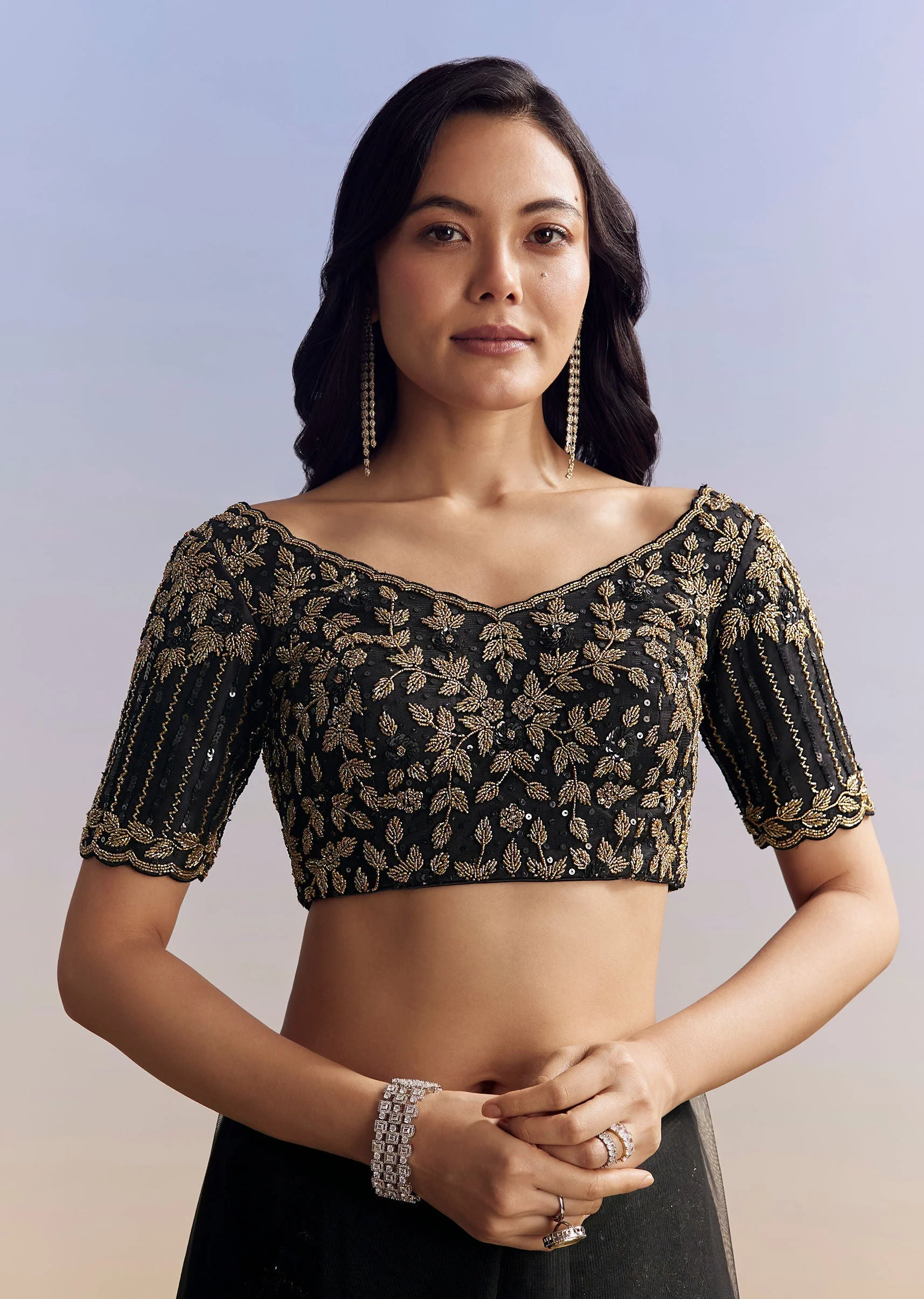 Black Net Saree With Embroidered Border - Image 7