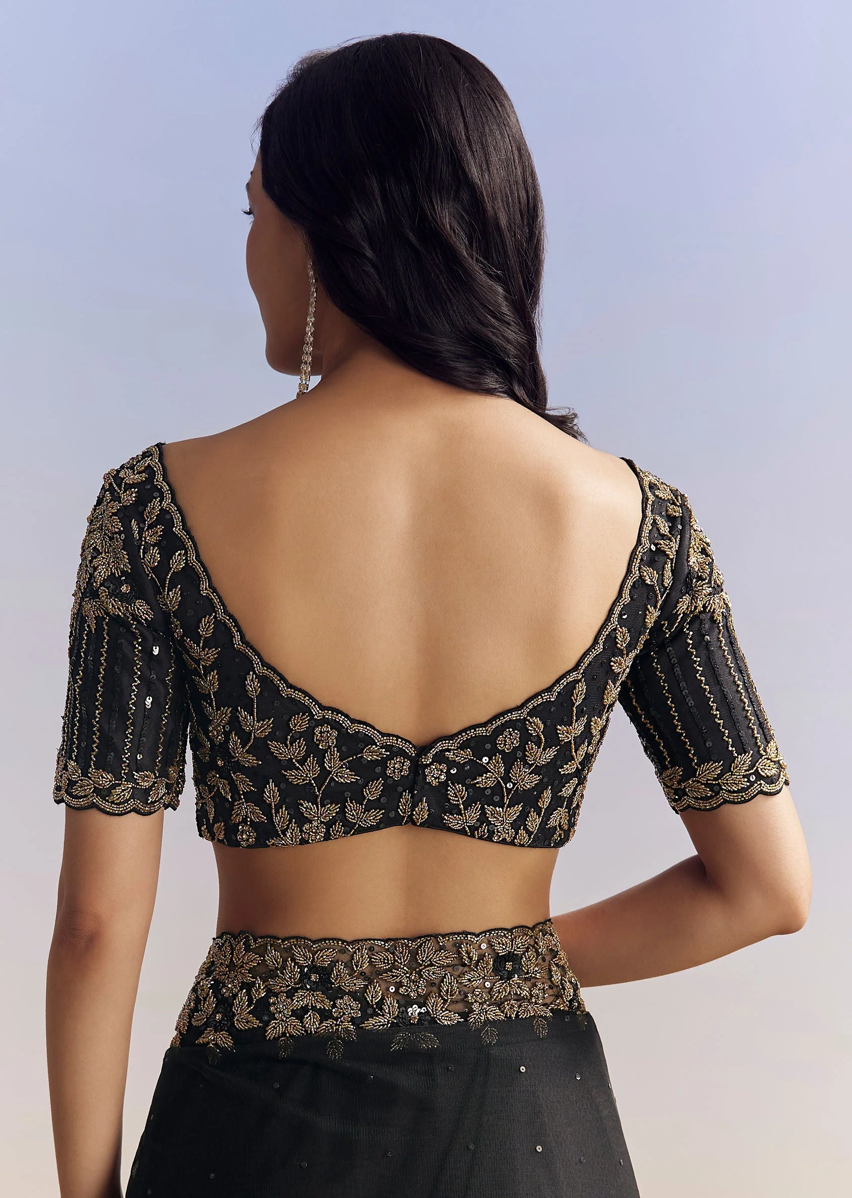 Black Net Saree With Embroidered Border - Image 8