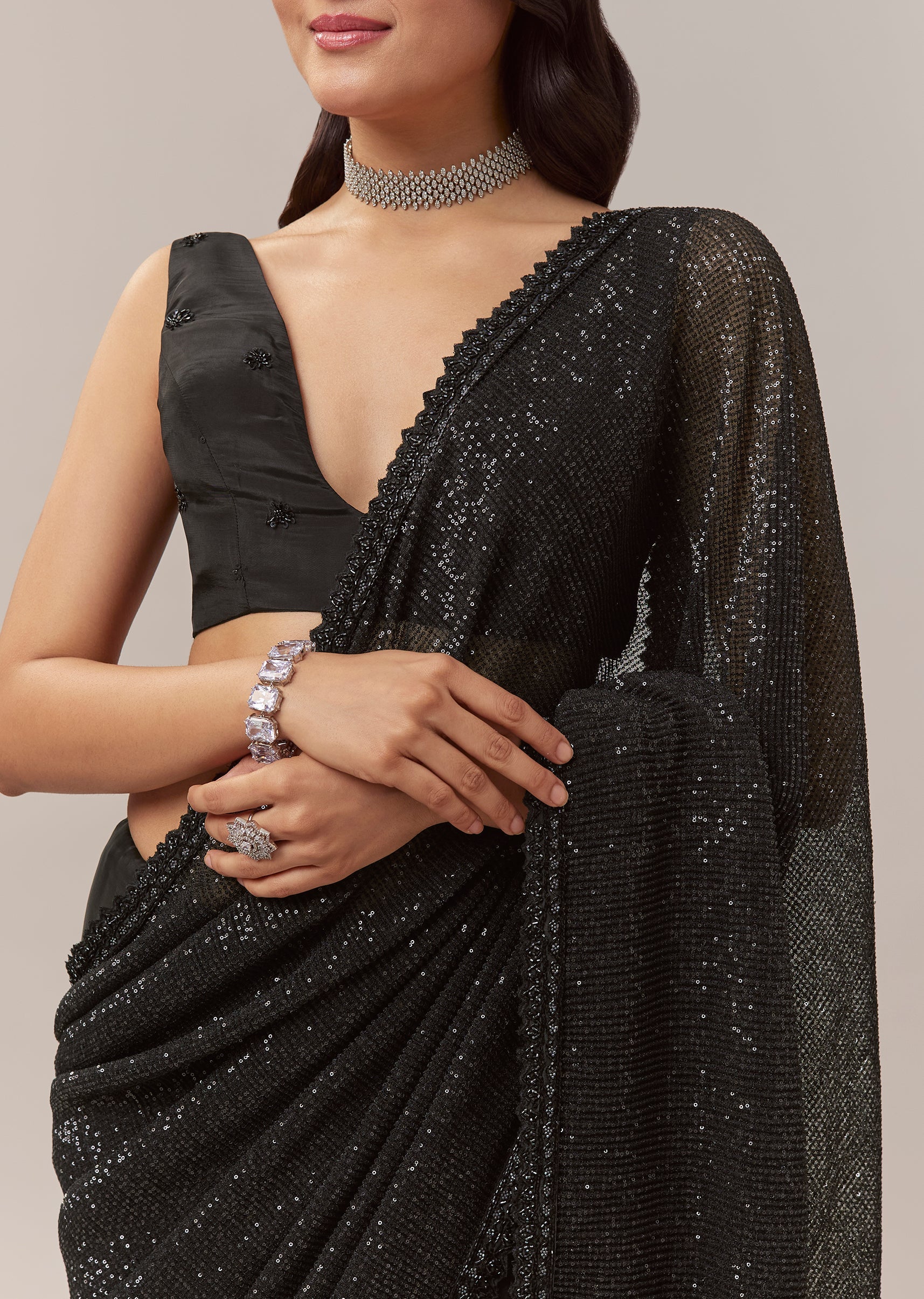 Black Net Saree With Linear Sequins And Hand Embroidered Border - Image 2