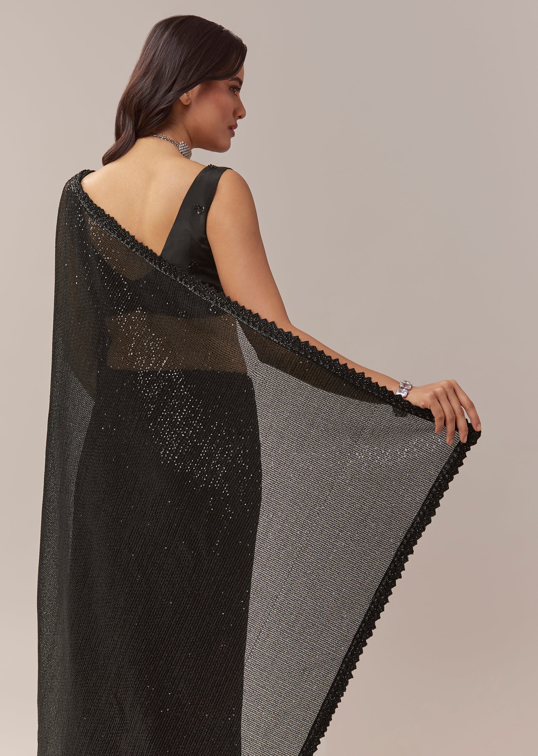 Black Net Saree With Linear Sequins And Hand Embroidered Border - Image 6