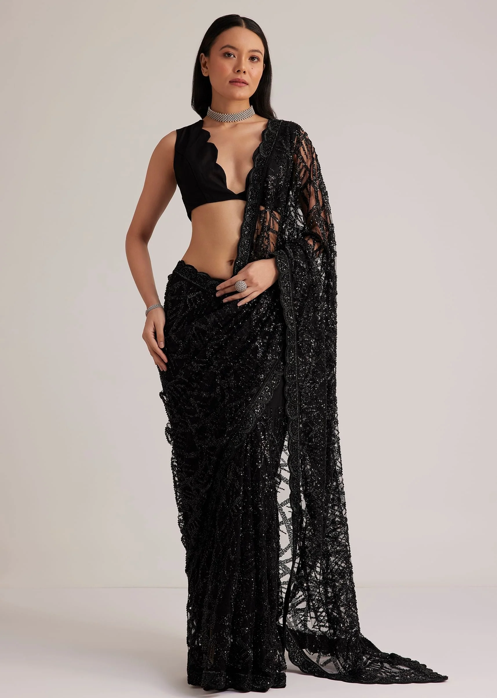 Black Net Saree With Sequins And Stones Embroidery - Image 3