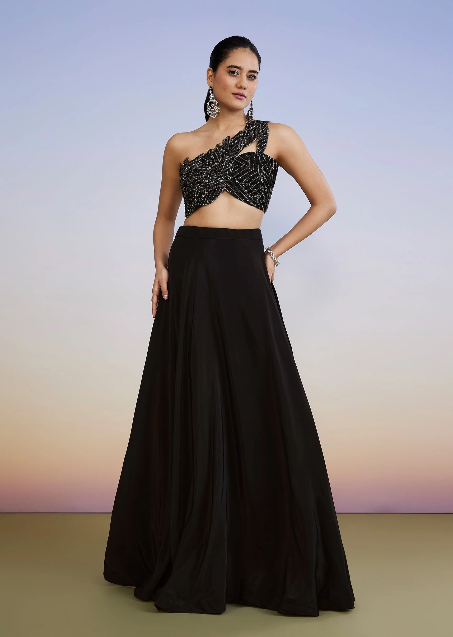 Black One Shoulder Drape Lehenga With Sequin Stonework Choli - Image 4