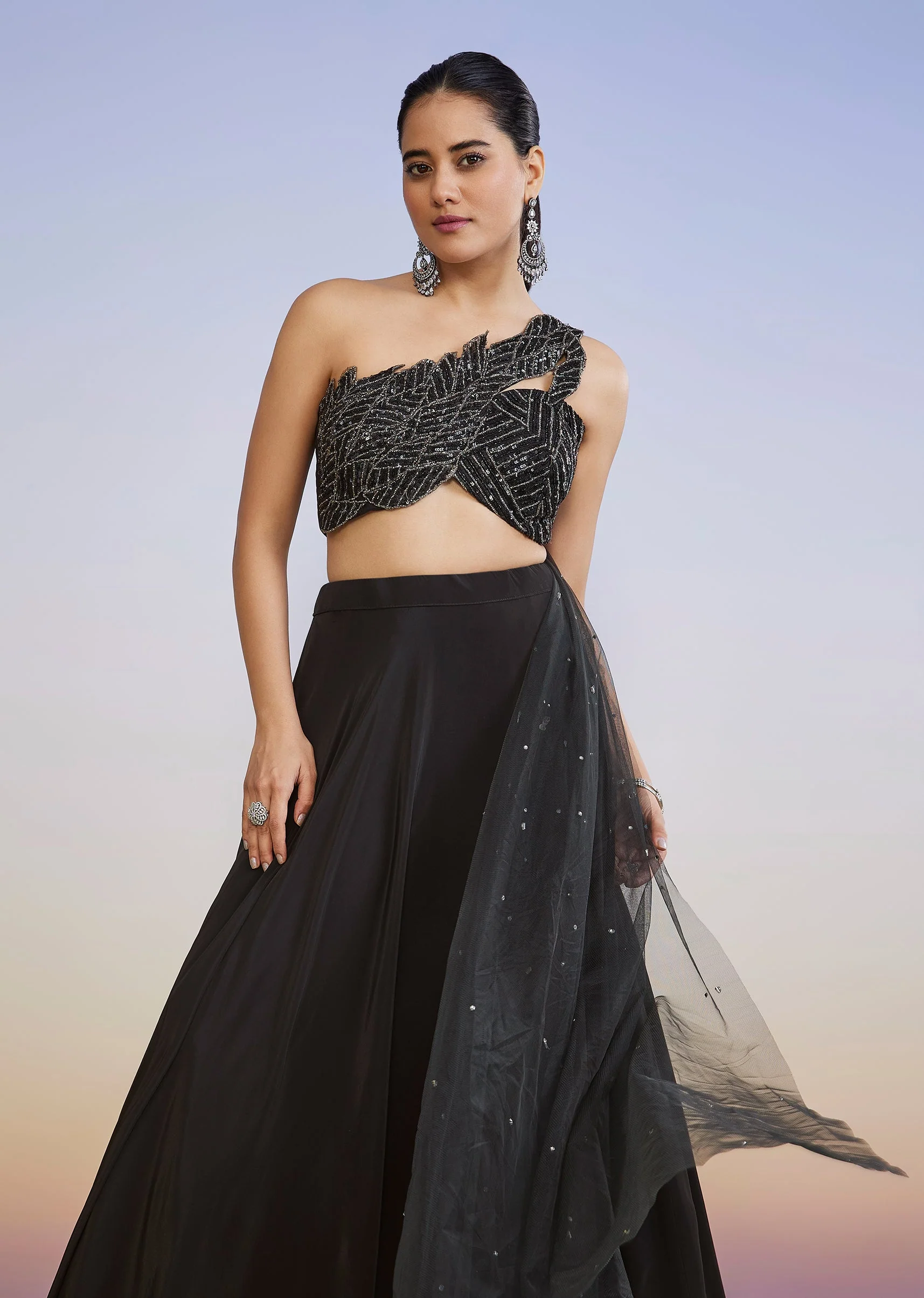 Black One Shoulder Drape Lehenga With Sequin Stonework Choli - Image 5