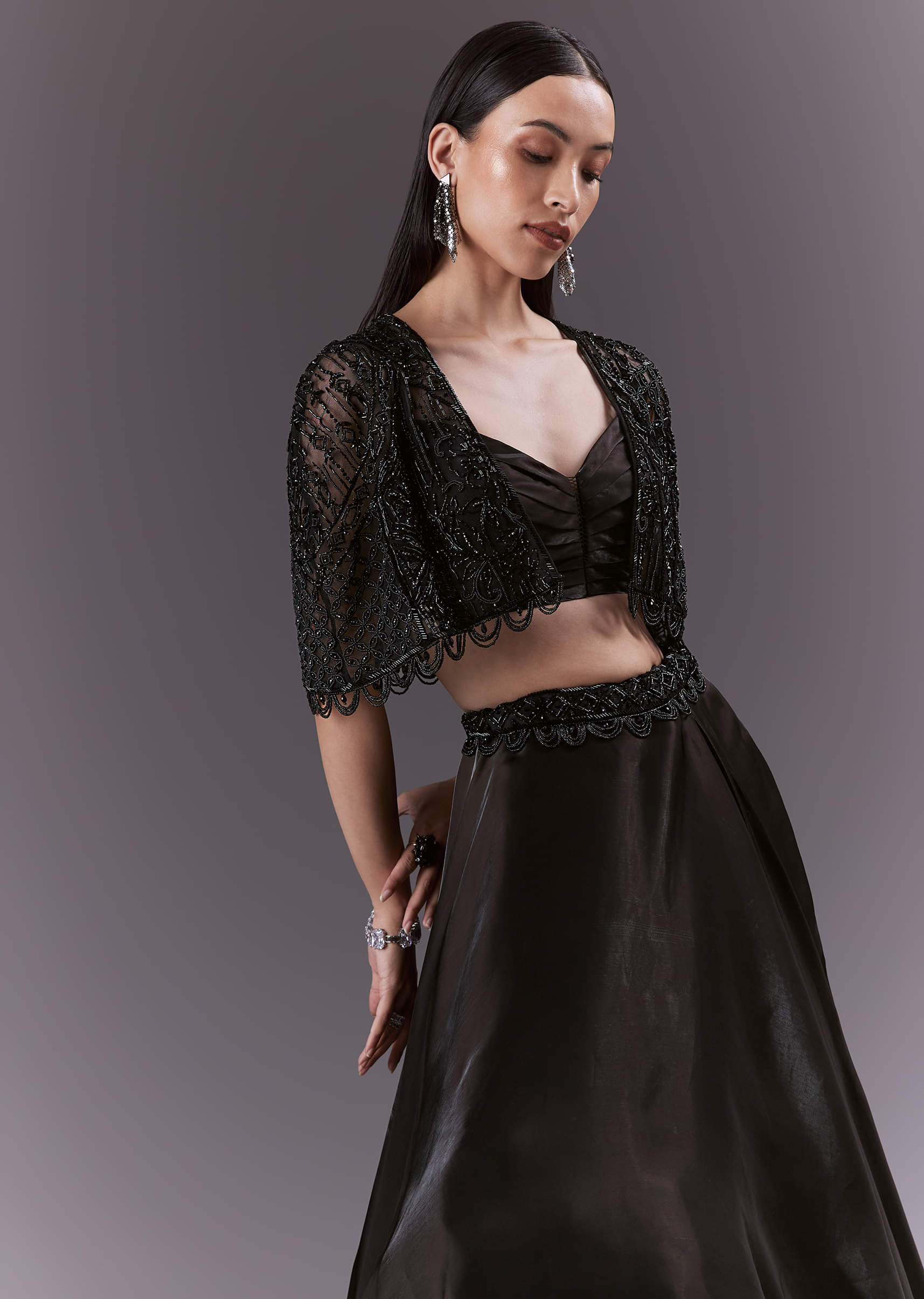 Black Organza Bridesmaid Lehenga With Cutdana And Beads Work - Image 3