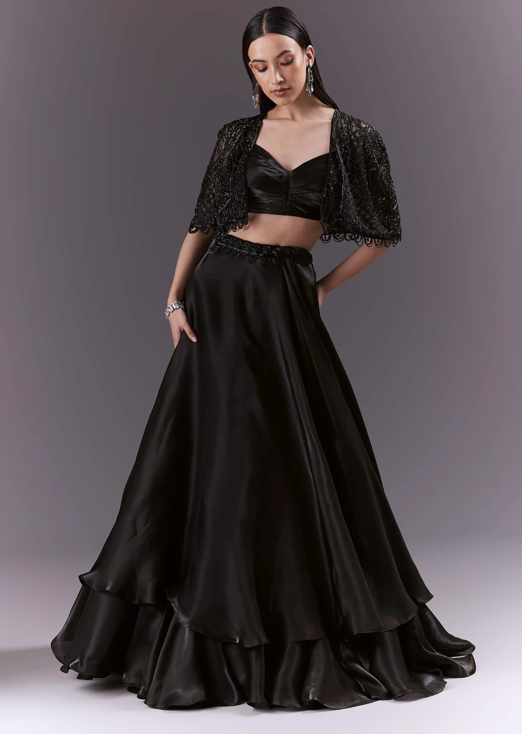 Black Organza Bridesmaid Lehenga With Cutdana And Beads Work - Image 4