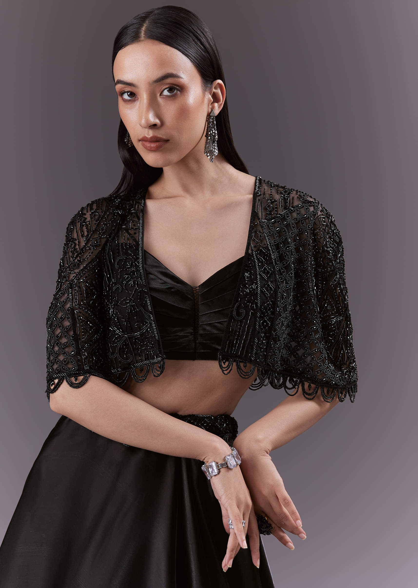 Black Organza Bridesmaid Lehenga With Cutdana And Beads Work - Image 5