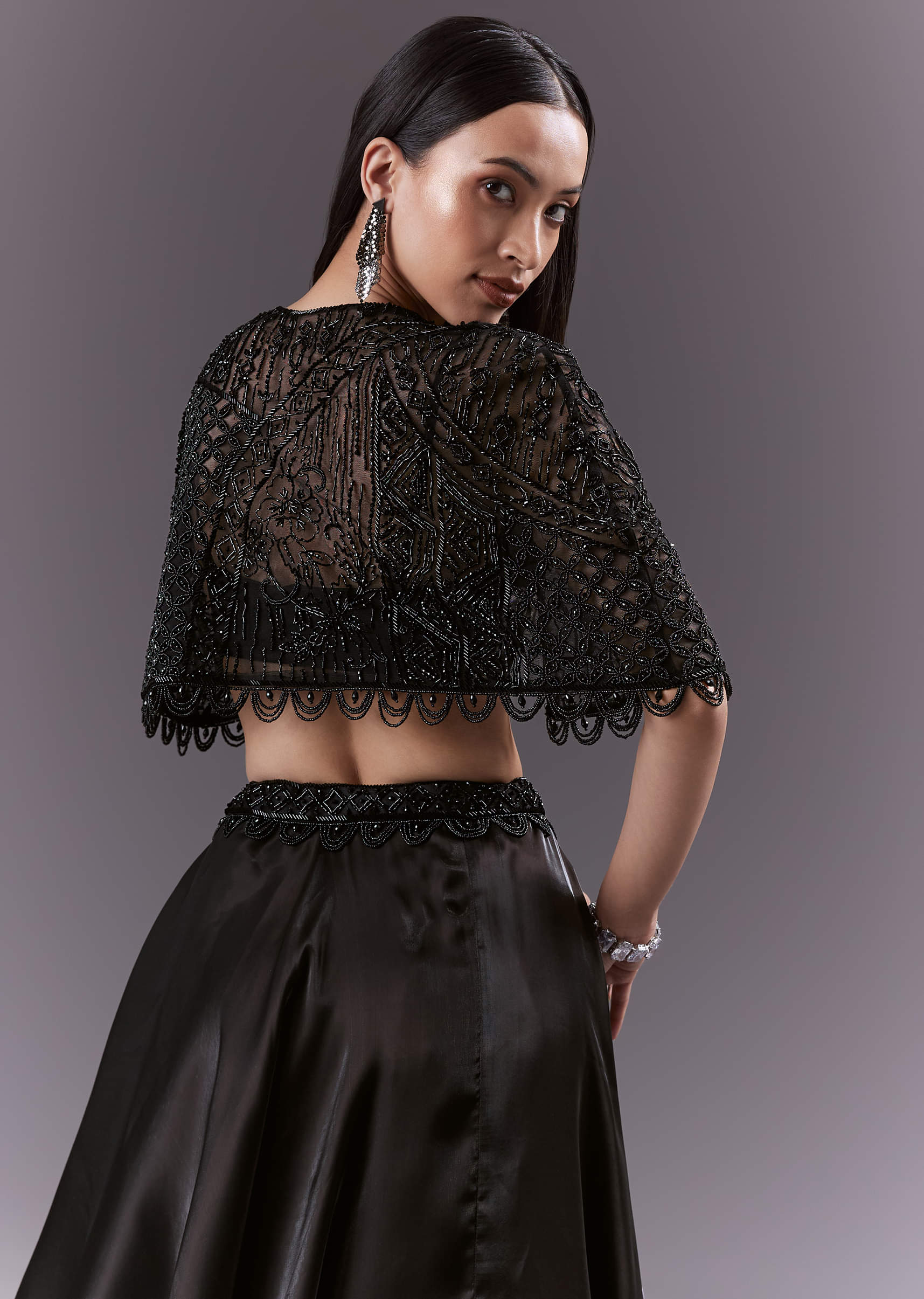 Black Organza Bridesmaid Lehenga With Cutdana And Beads Work - Image 6