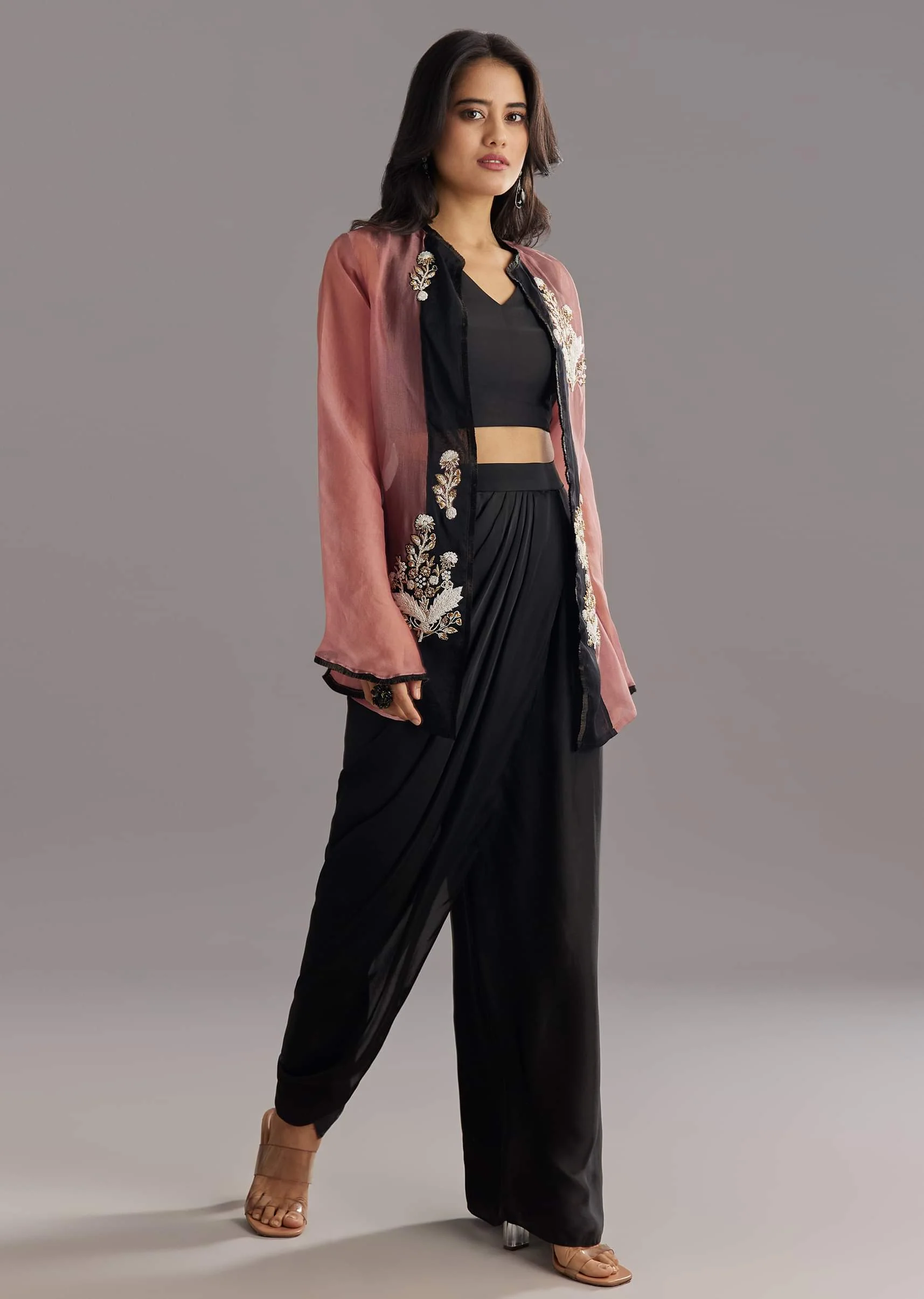 Black Organza Jacket and Satin Dhoti Palazzo Set With Zardosi Embroidery - Image 3