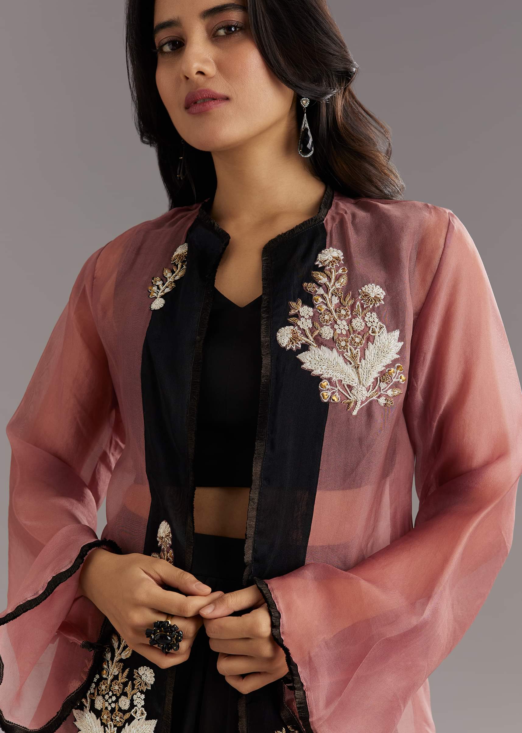 Black Organza Jacket and Satin Dhoti Palazzo Set With Zardosi Embroidery - Image 4