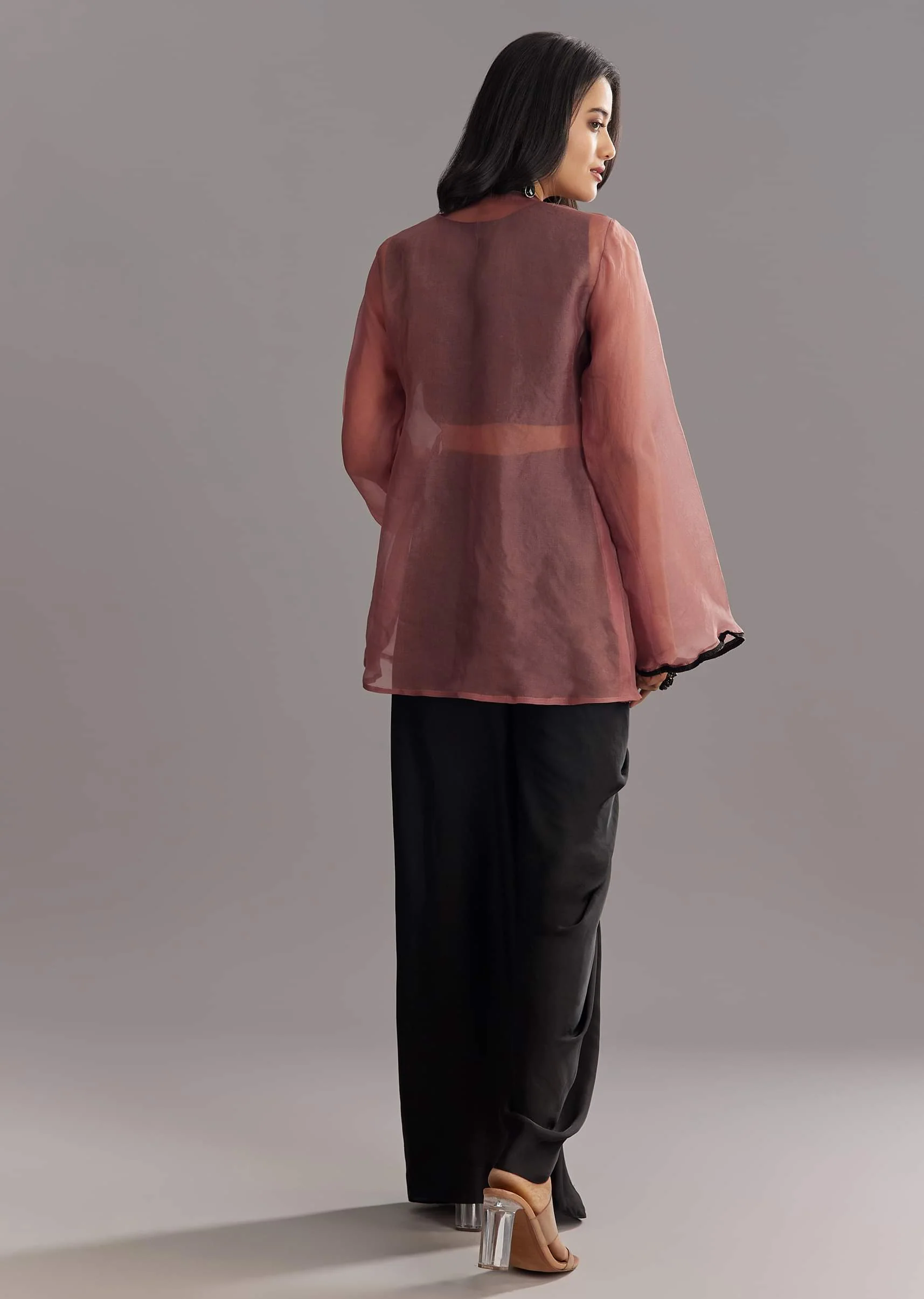Black Organza Jacket and Satin Dhoti Palazzo Set With Zardosi Embroidery - Image 5