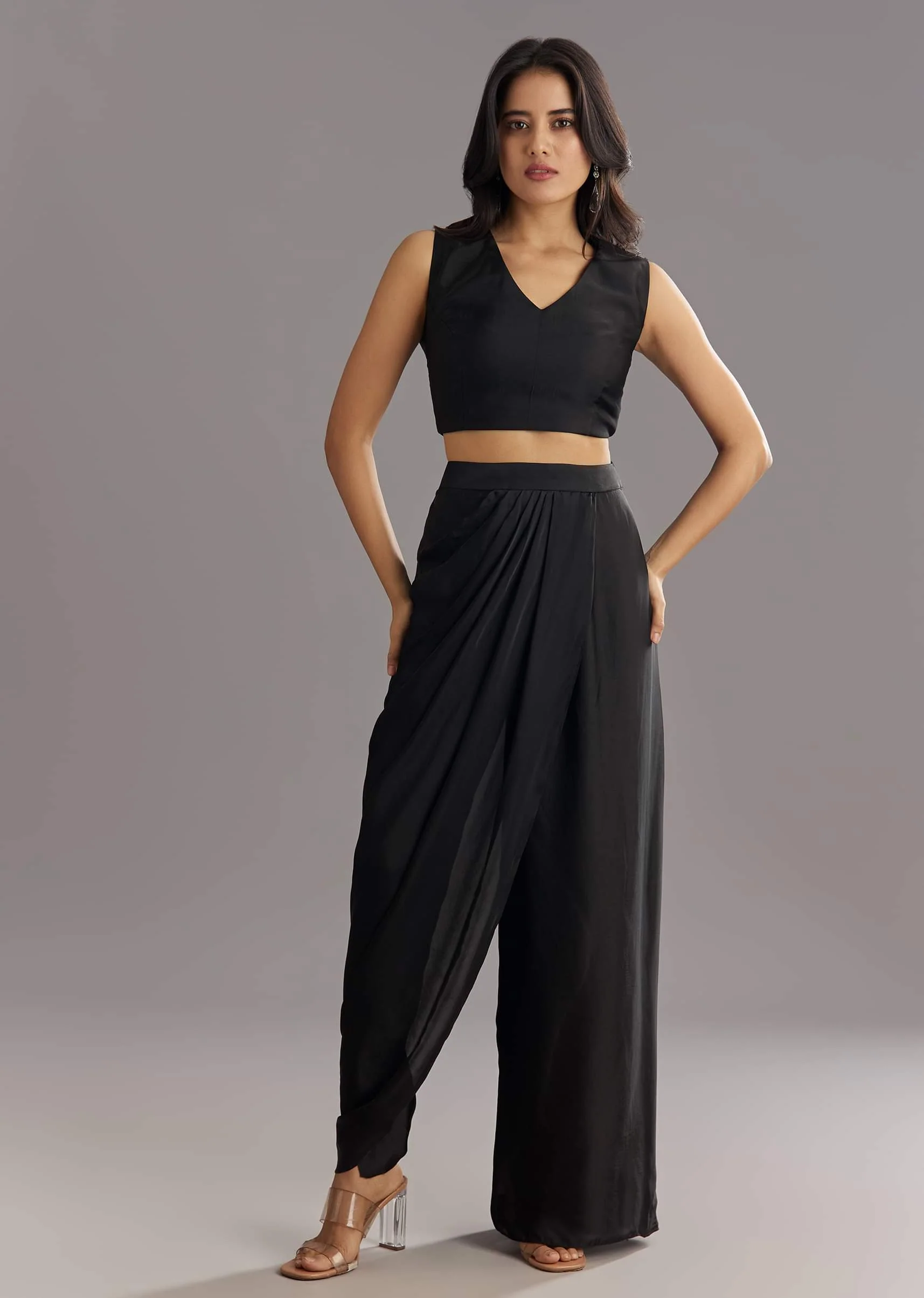 Black Organza Jacket and Satin Dhoti Palazzo Set With Zardosi Embroidery - Image 6
