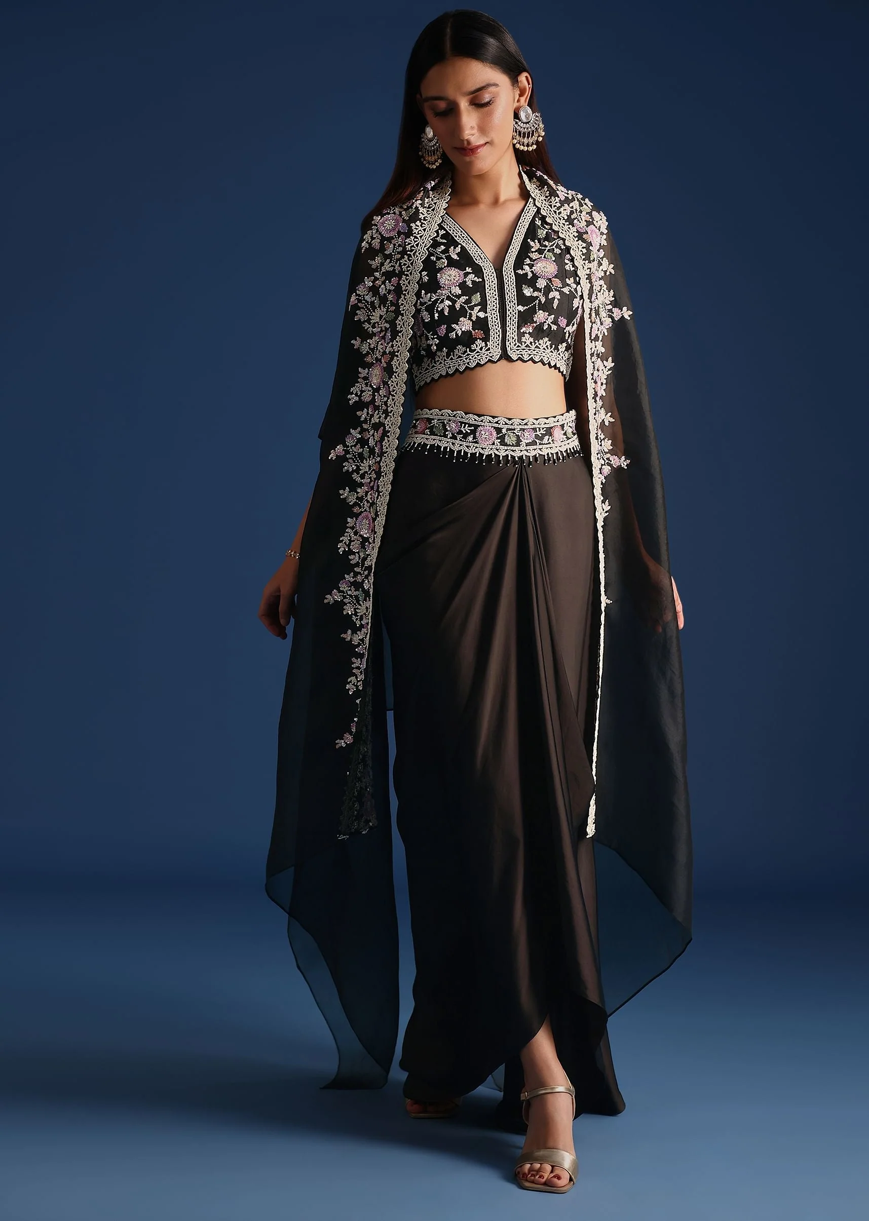 Black Organza Jacket With Embroidered Crop Top And Draped Skirt - Image 3