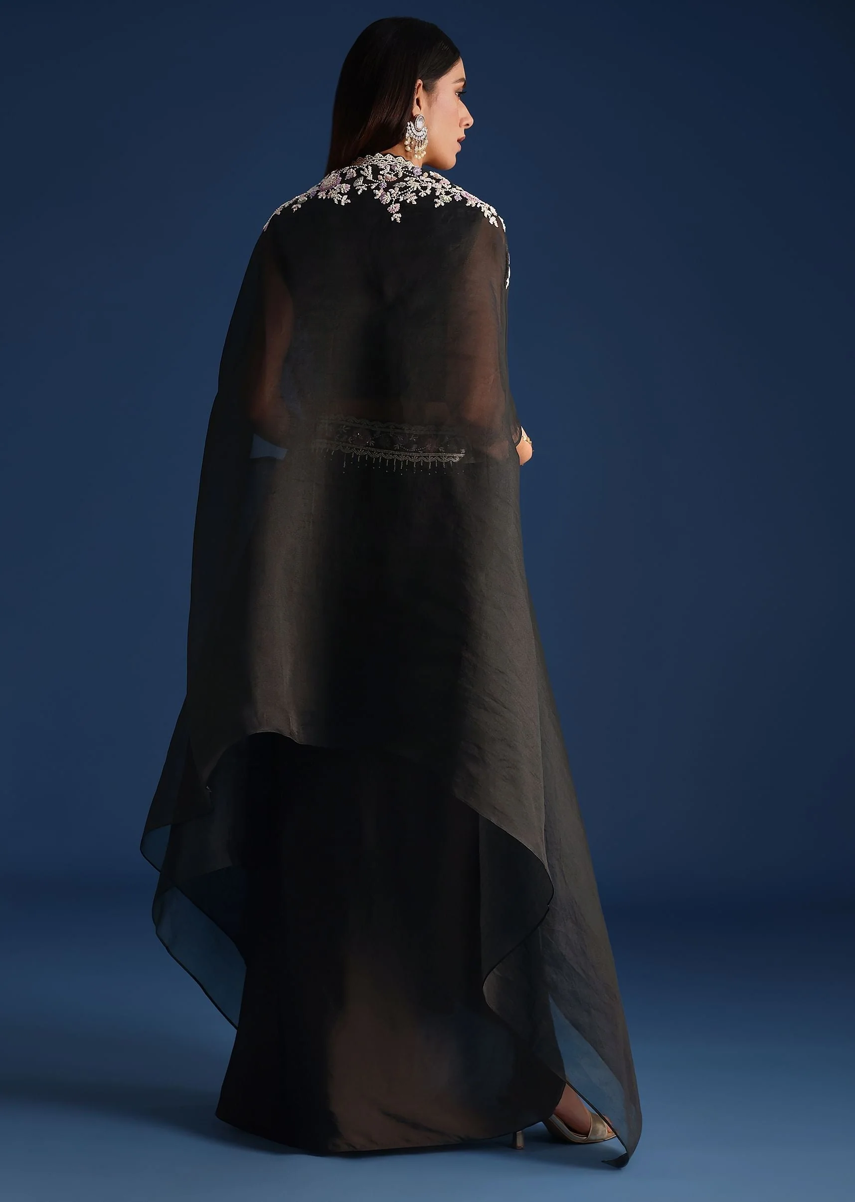 Black Organza Jacket With Embroidered Crop Top And Draped Skirt - Image 5