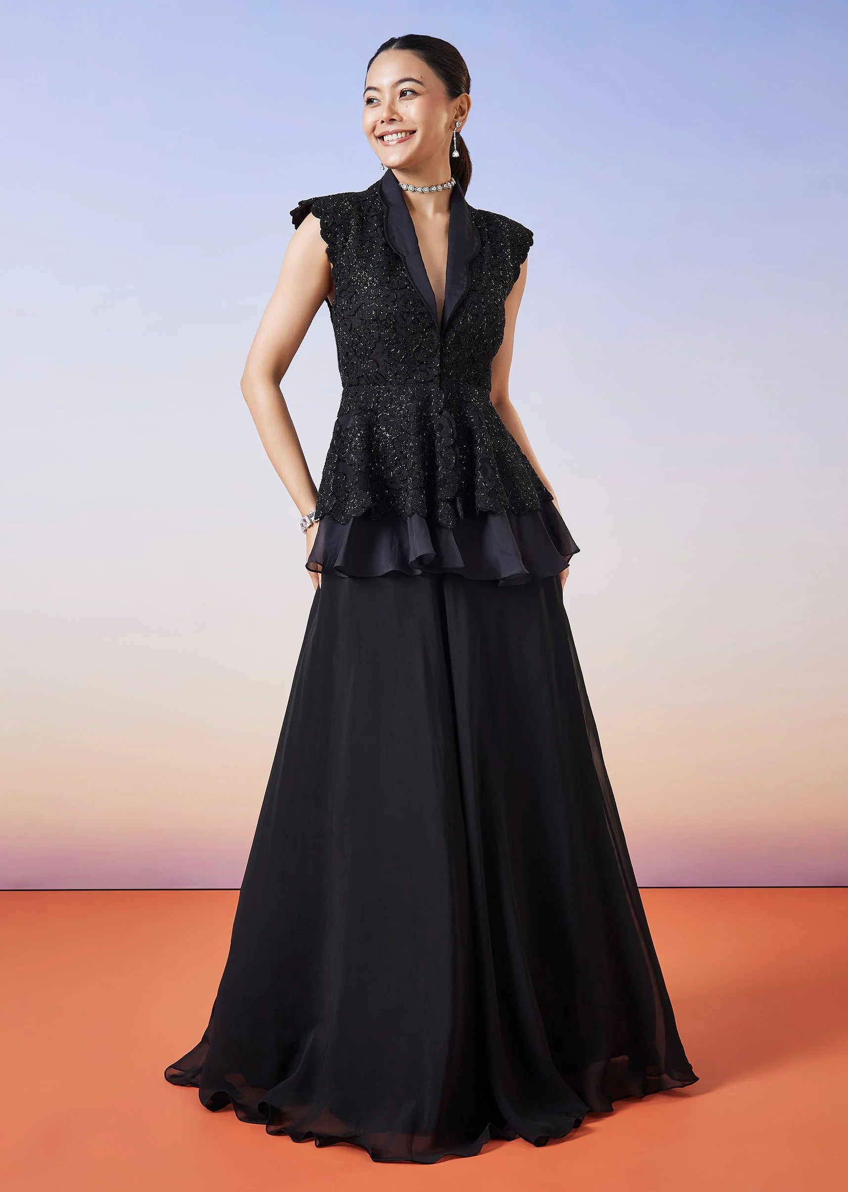 Black Organza Peplum Jacket Crop Skirt Lehenga
