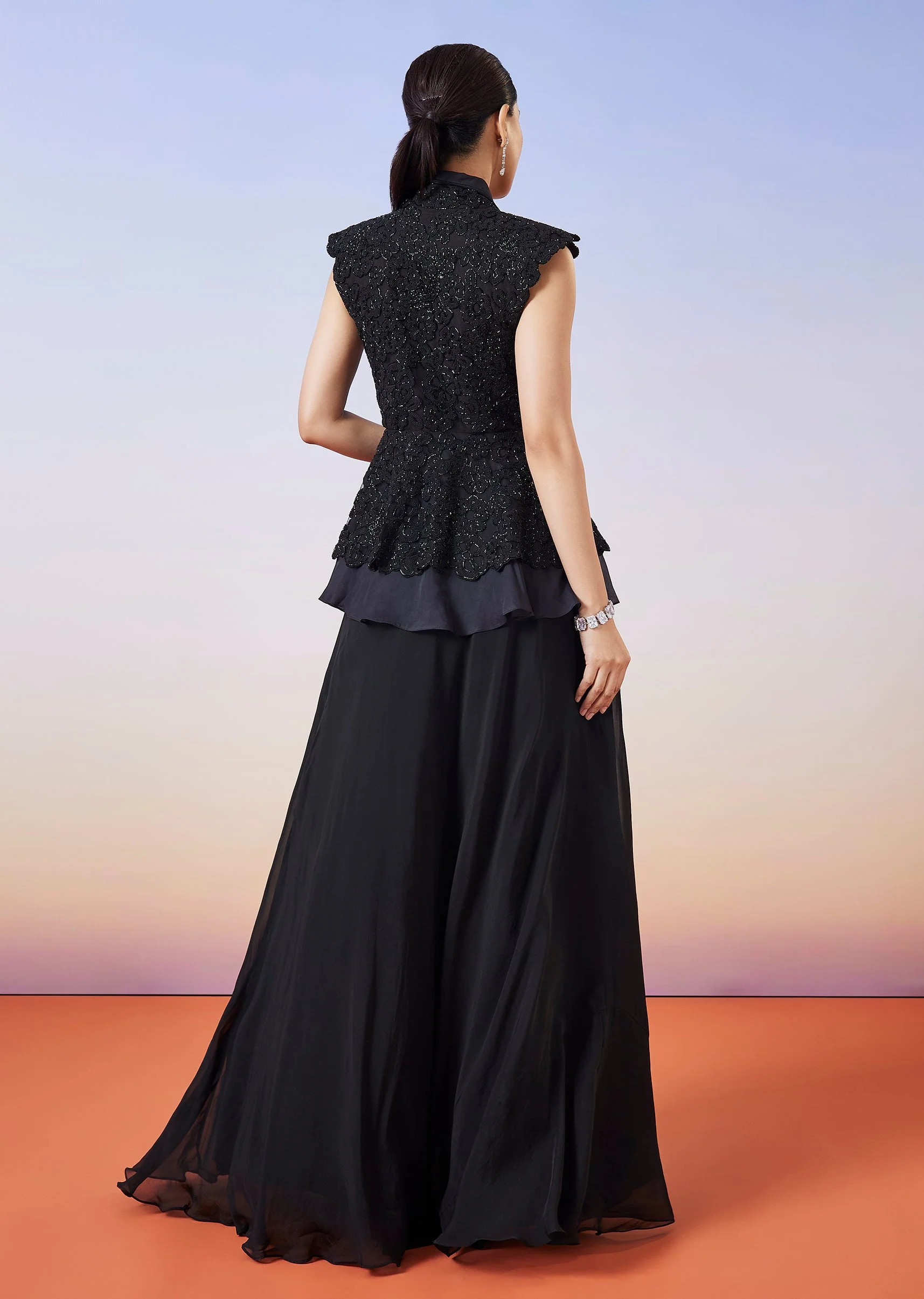 Black Organza Peplum Jacket Crop Skirt Lehenga - Image 2