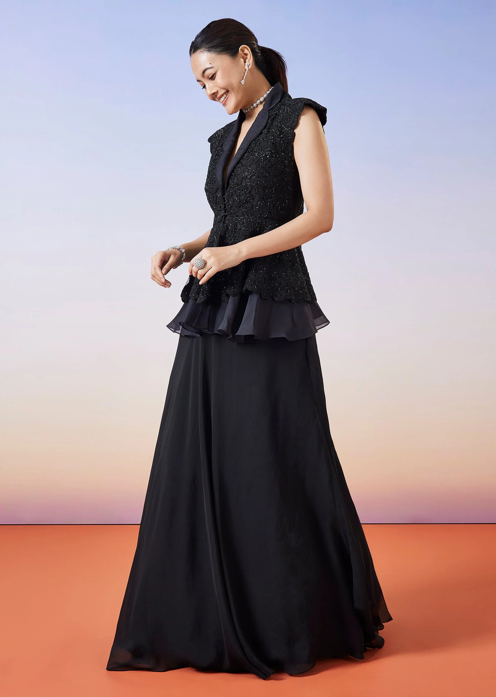 Black Organza Peplum Jacket Crop Skirt Lehenga - Image 4