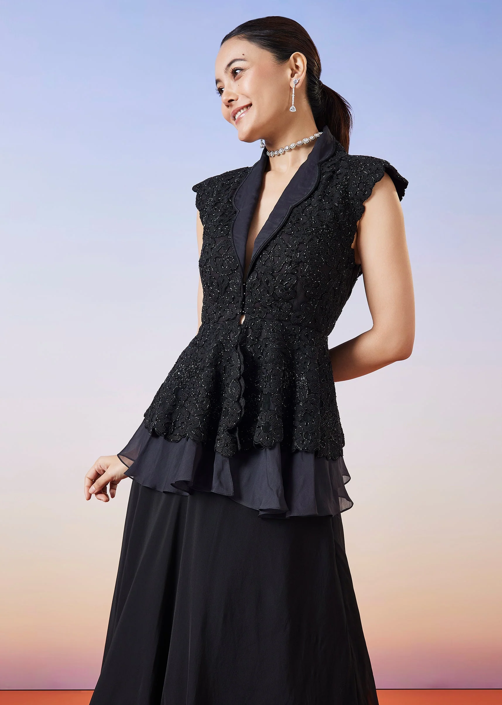 Black Organza Peplum Jacket Crop Skirt Lehenga - Image 6