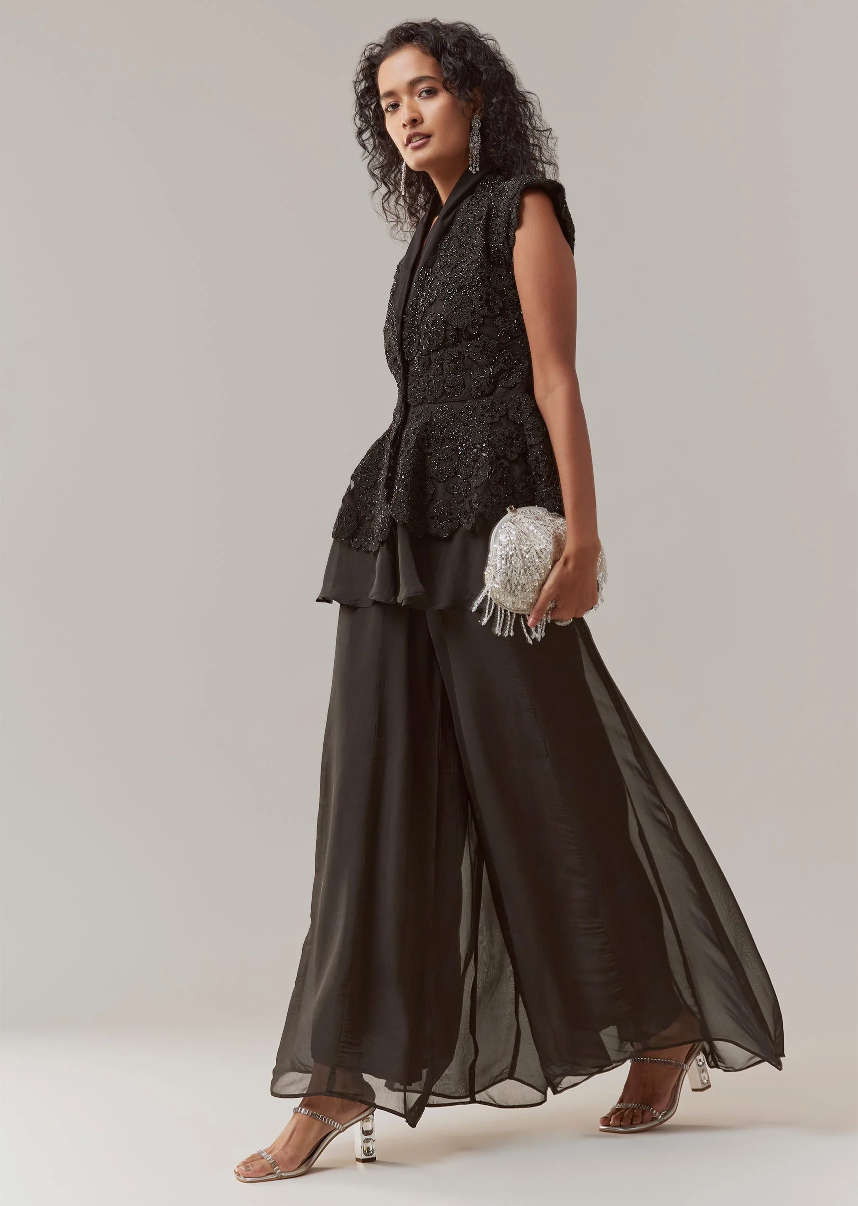 Black Organza Peplum Palazzo Set - Image 2