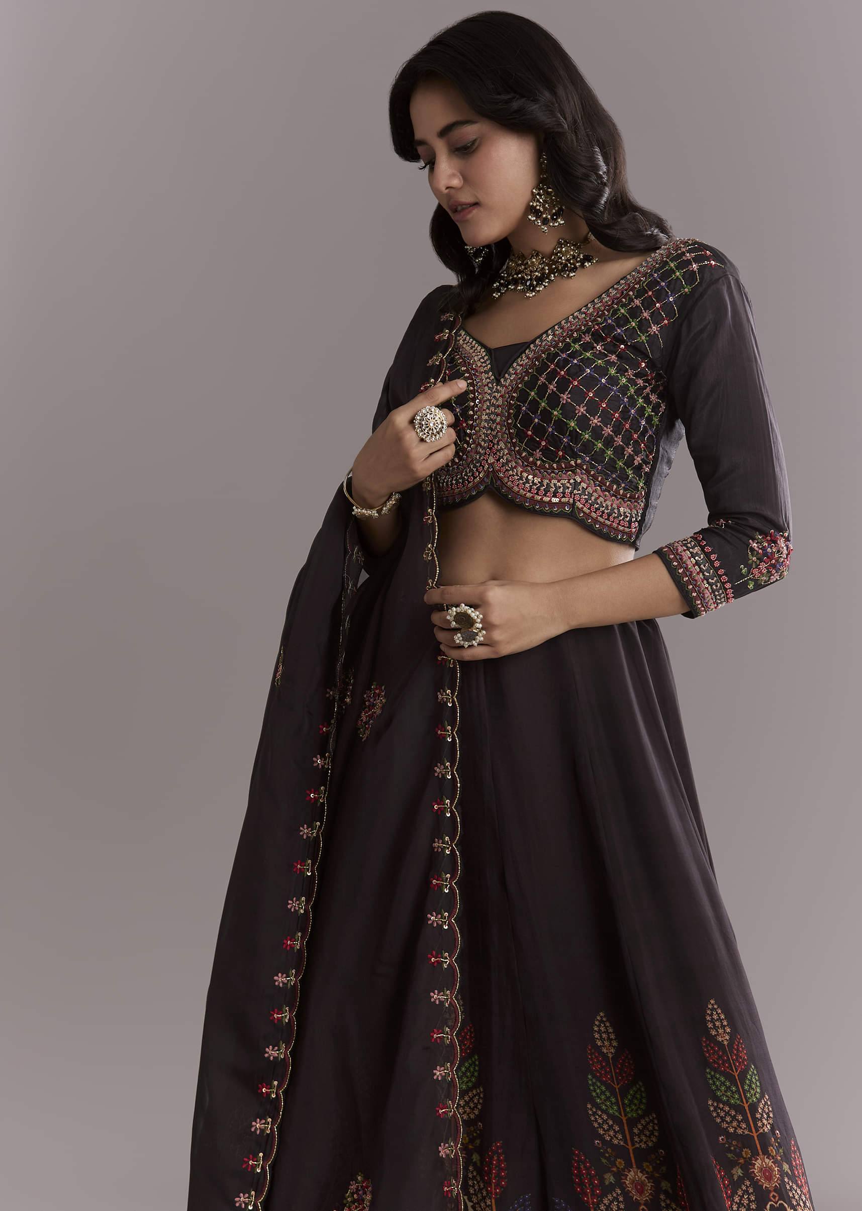 Black Organza Printed Bridesmaid Lehenga With Intricate Hand Embroidery - Image 5