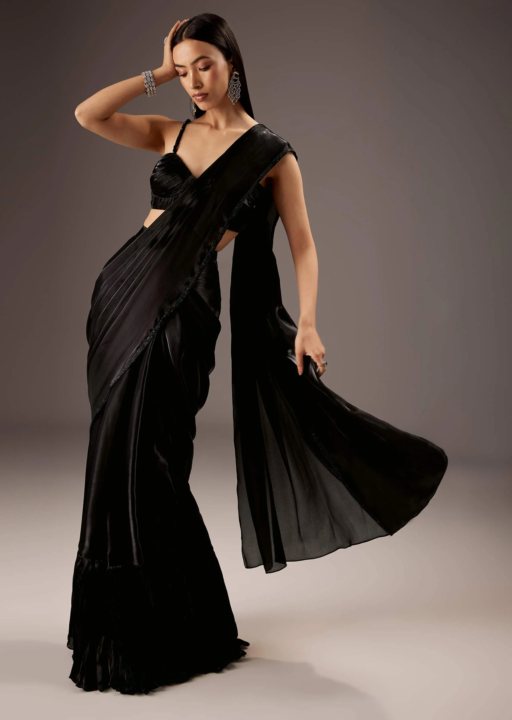 Black Organza Ready Pleated Saree - Image 4