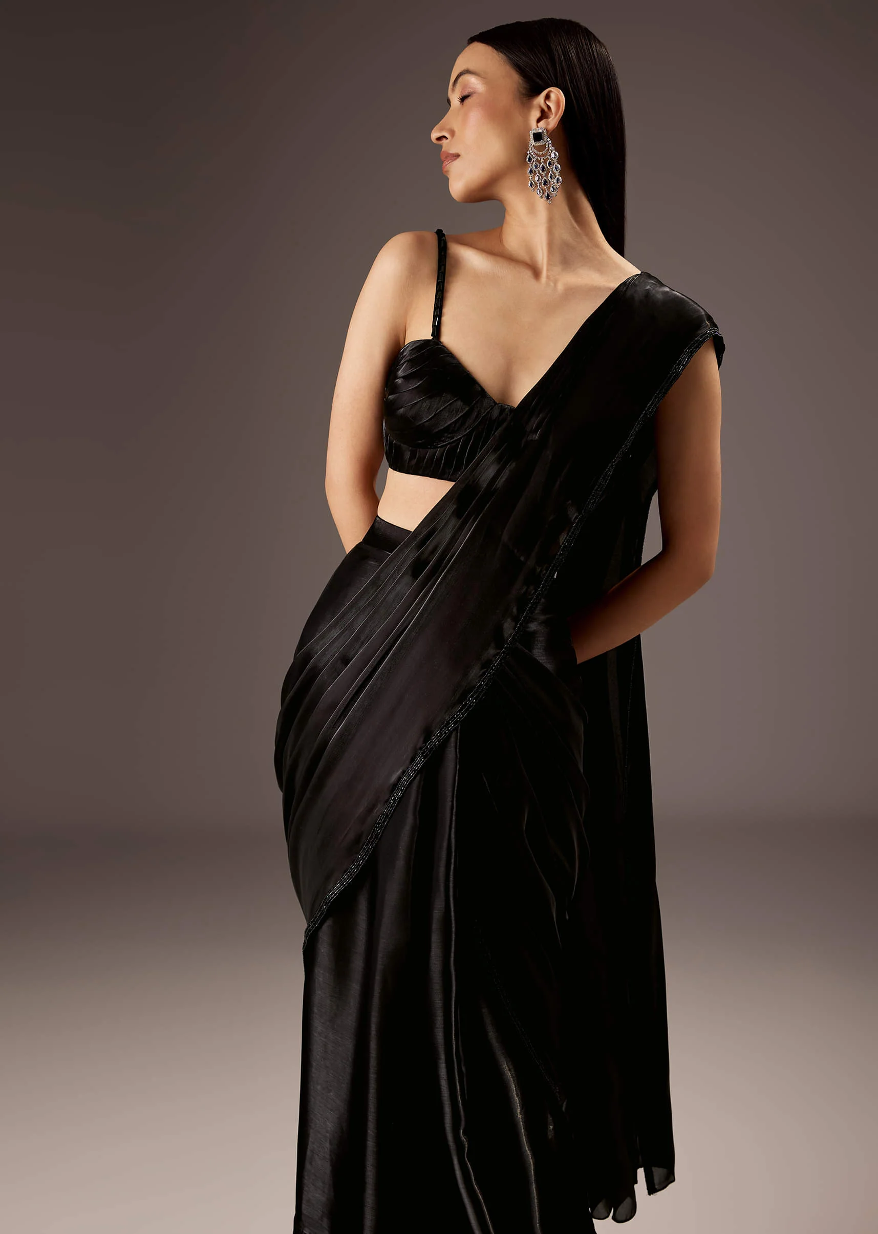 Black Organza Ready Pleated Saree - Image 5