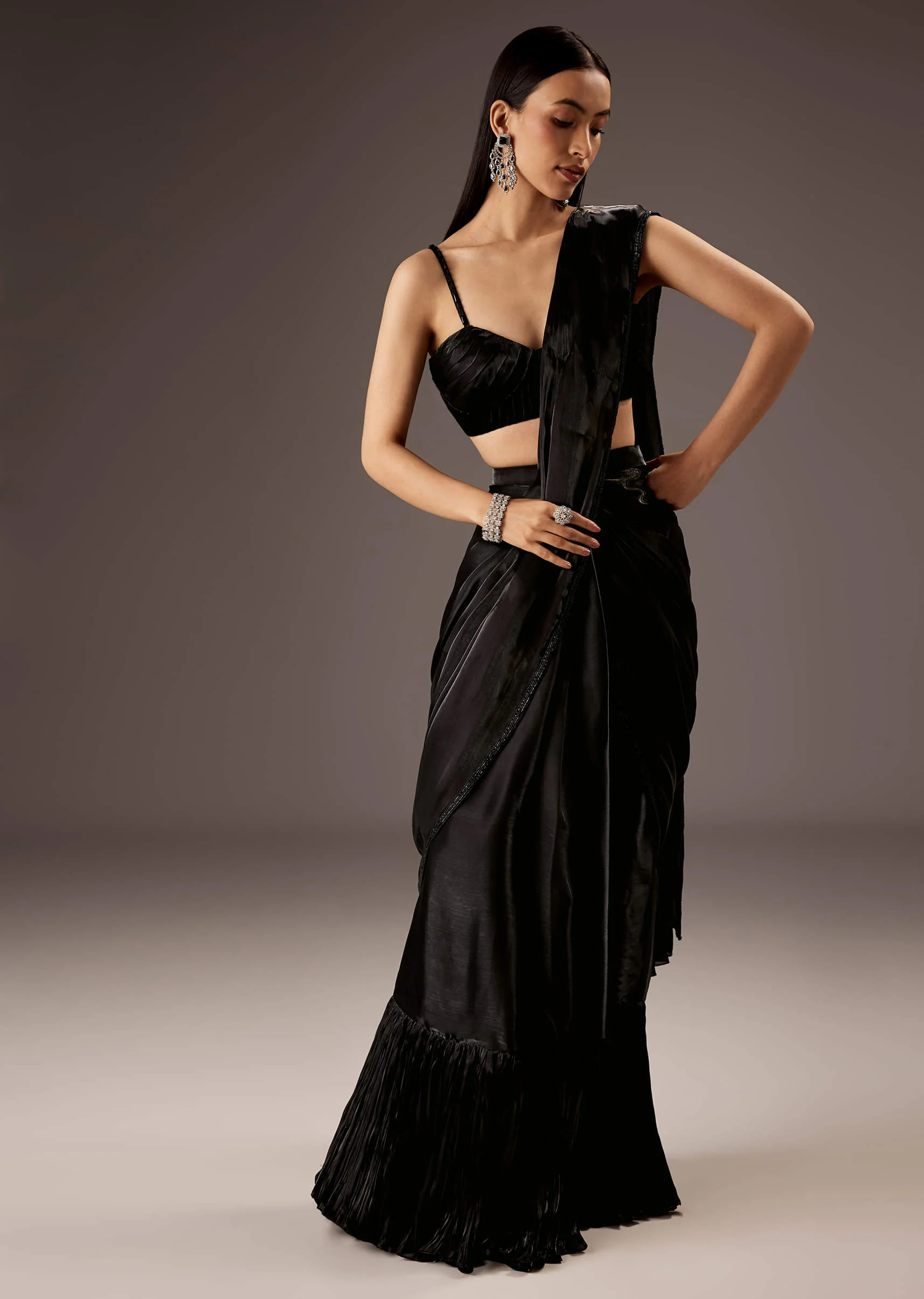 Black Organza Ready Pleated Saree - Image 6