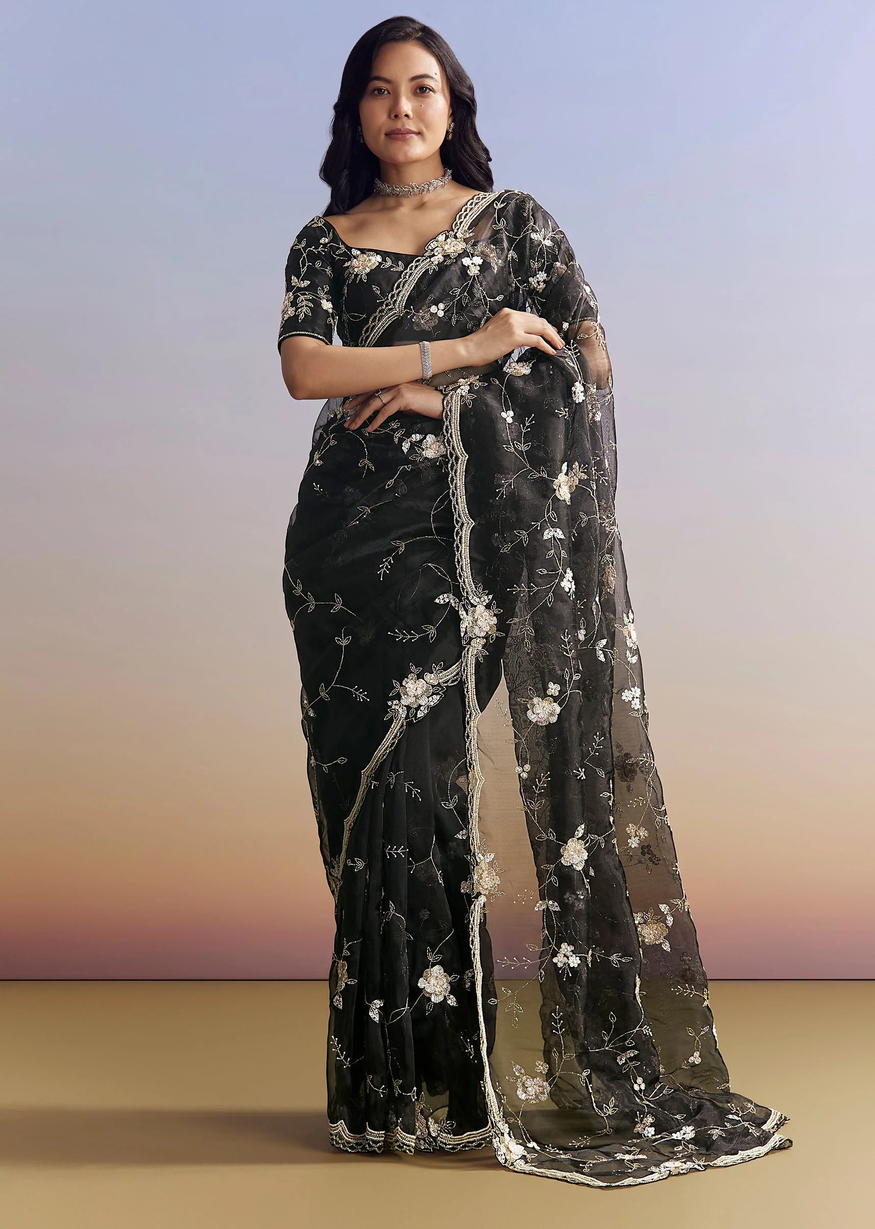 Black Organza Saree With All Over Floral Jaal Embroidery - Image 3