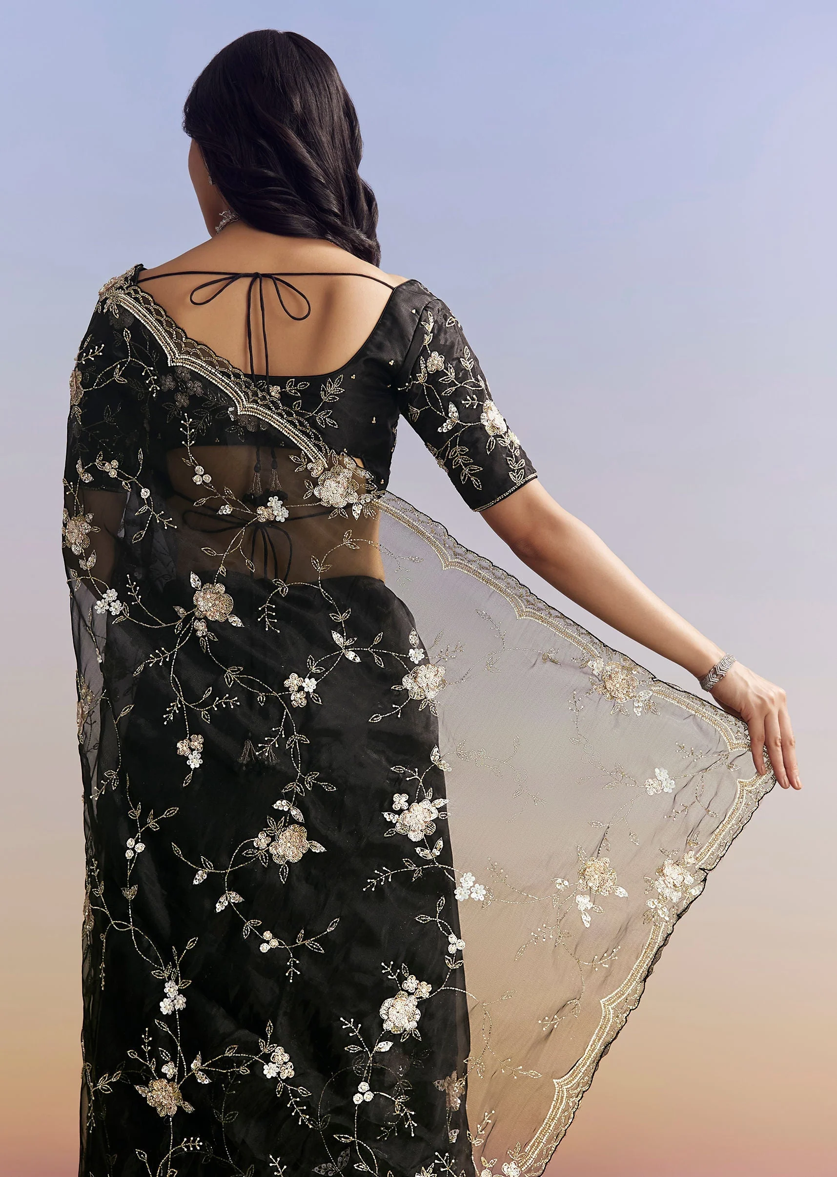 Black Organza Saree With All Over Floral Jaal Embroidery - Image 6
