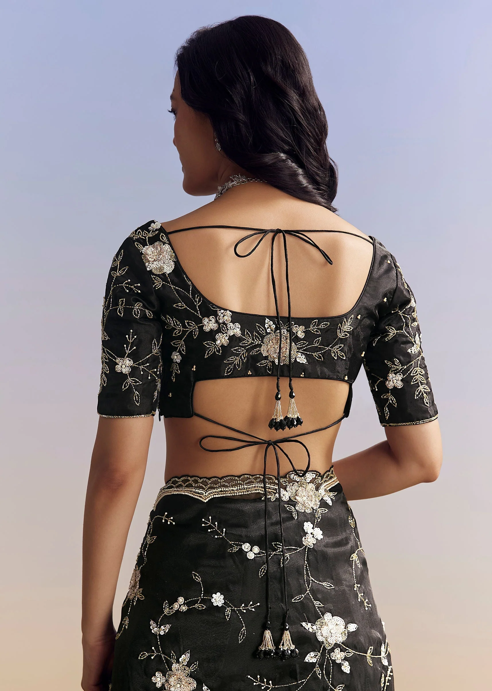 Black Organza Saree With All Over Floral Jaal Embroidery - Image 8