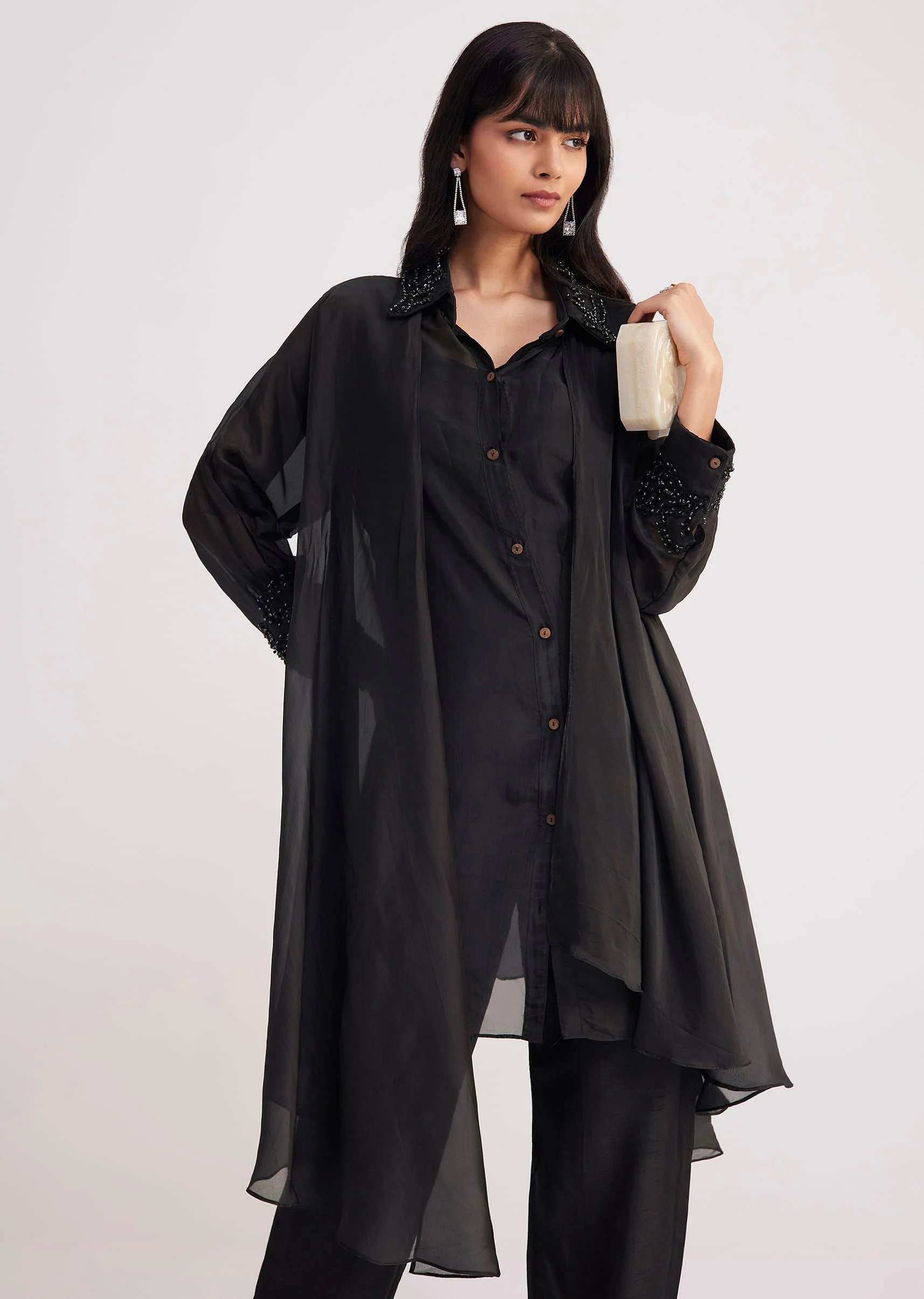 Black Organza Shirt Style Kurta Pant Set - Image 4