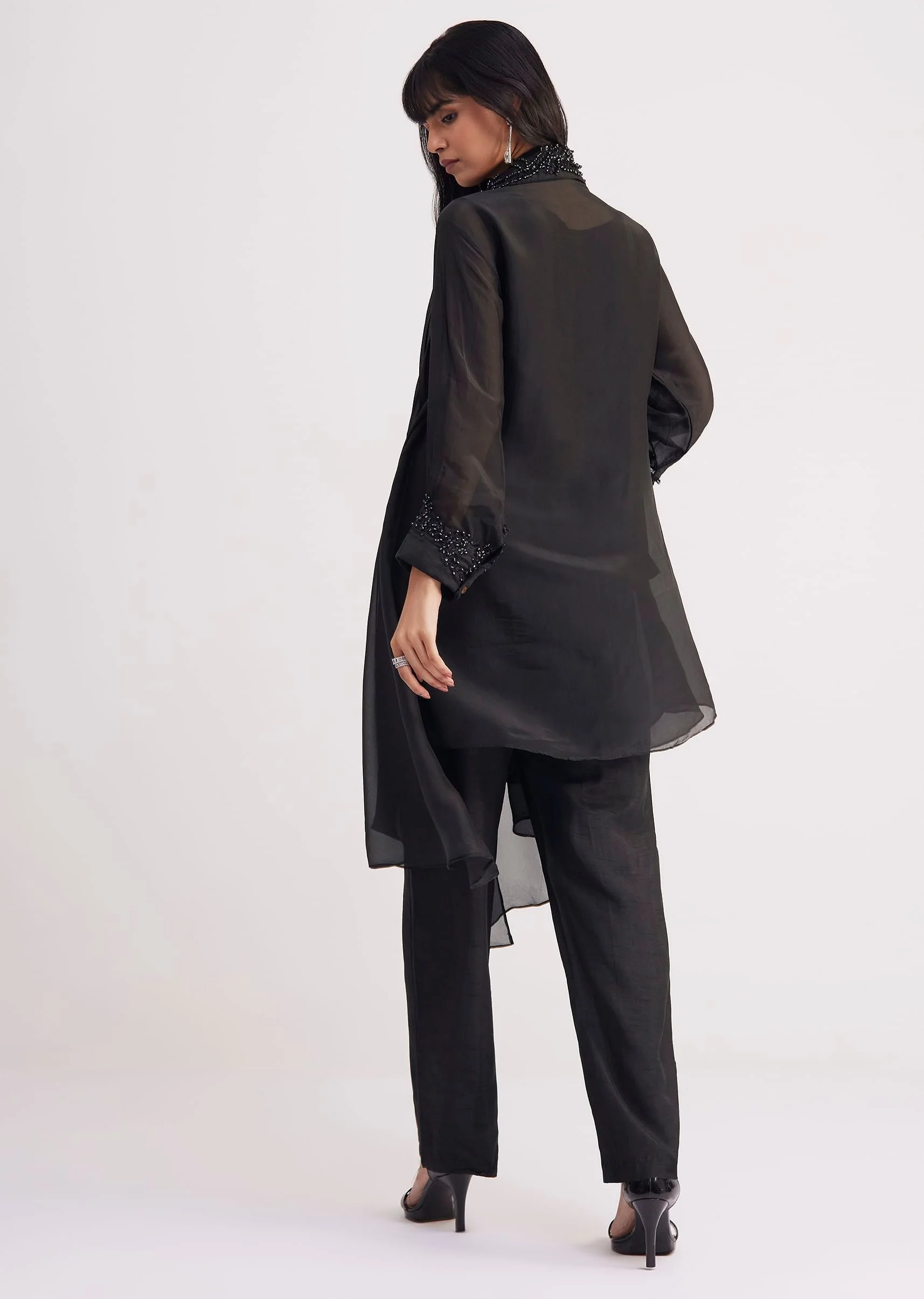Black Organza Shirt Style Kurta Pant Set - Image 5