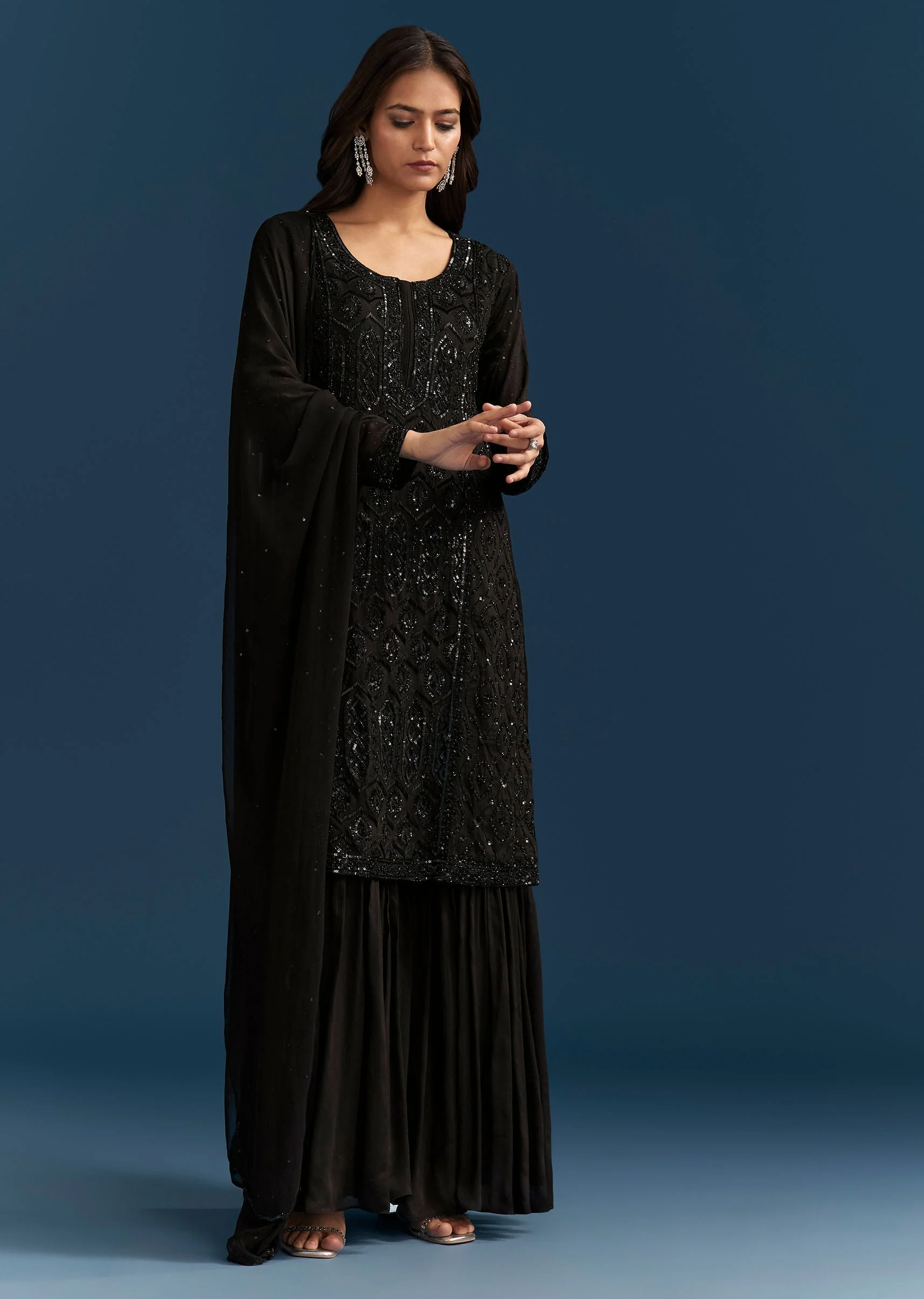 Black Pakistani Palazzo Suit With Sequins Embellished Kurta And Dupatta - Image 3