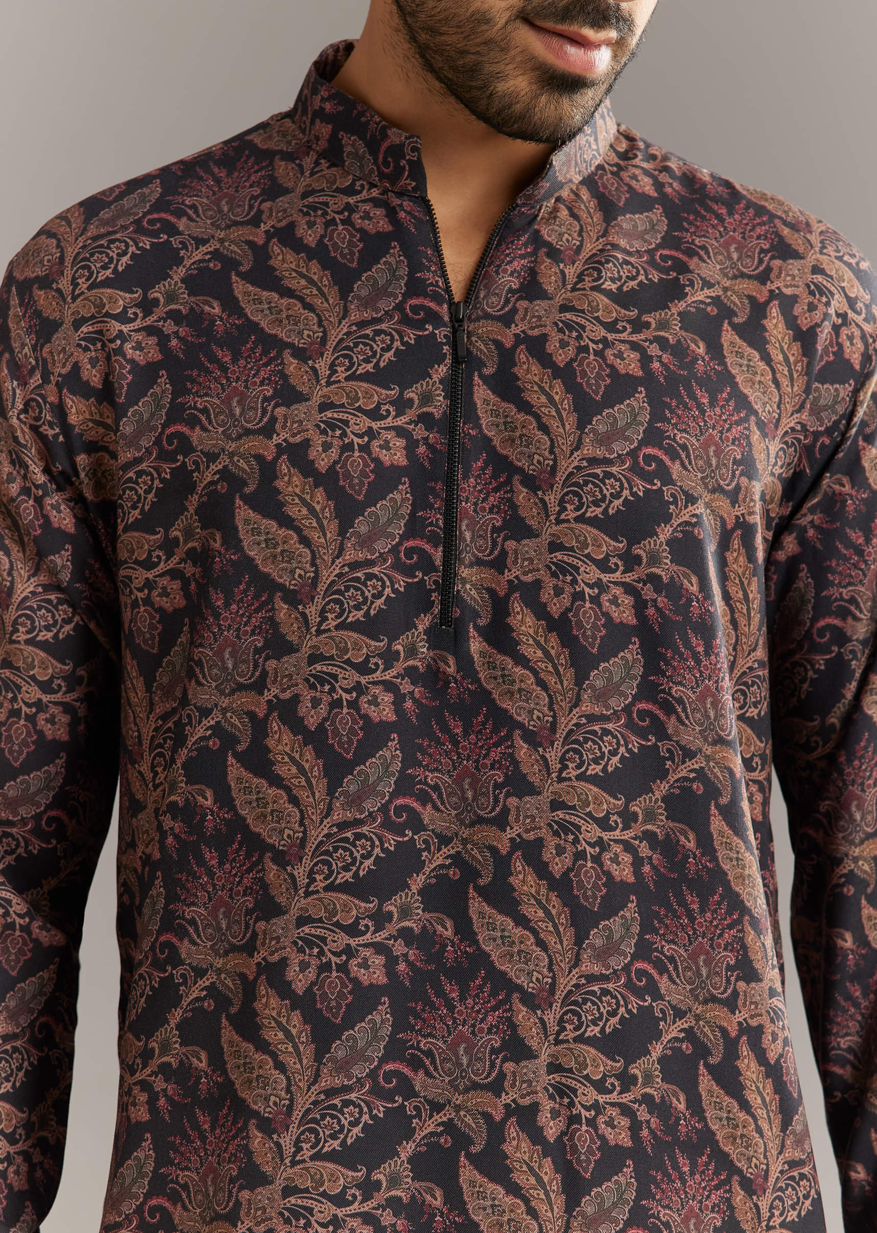 Black Pashmina Silk Kurta Set With Vine Prints