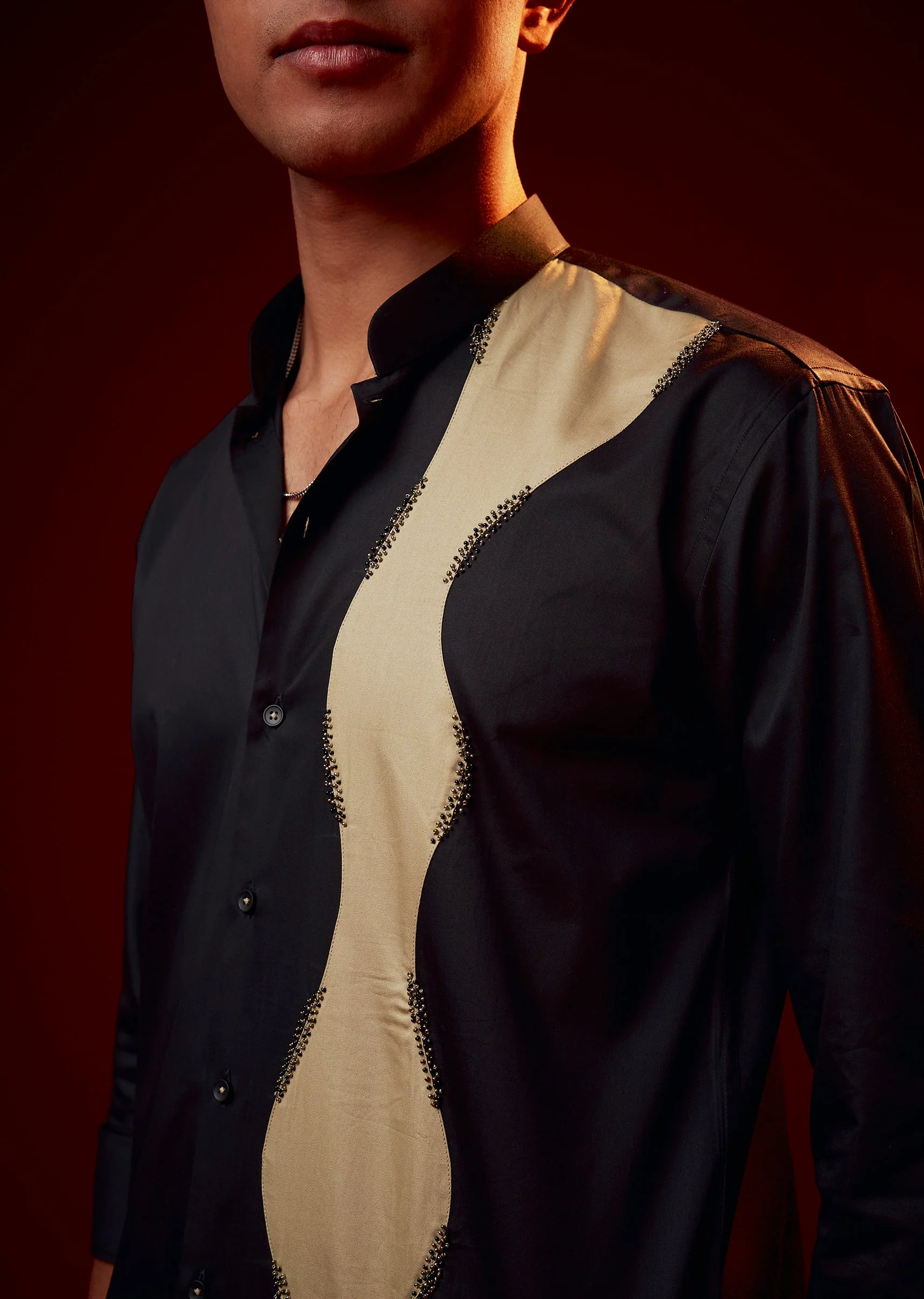 Black Patch Work Embellished Party Shirt - Image 2