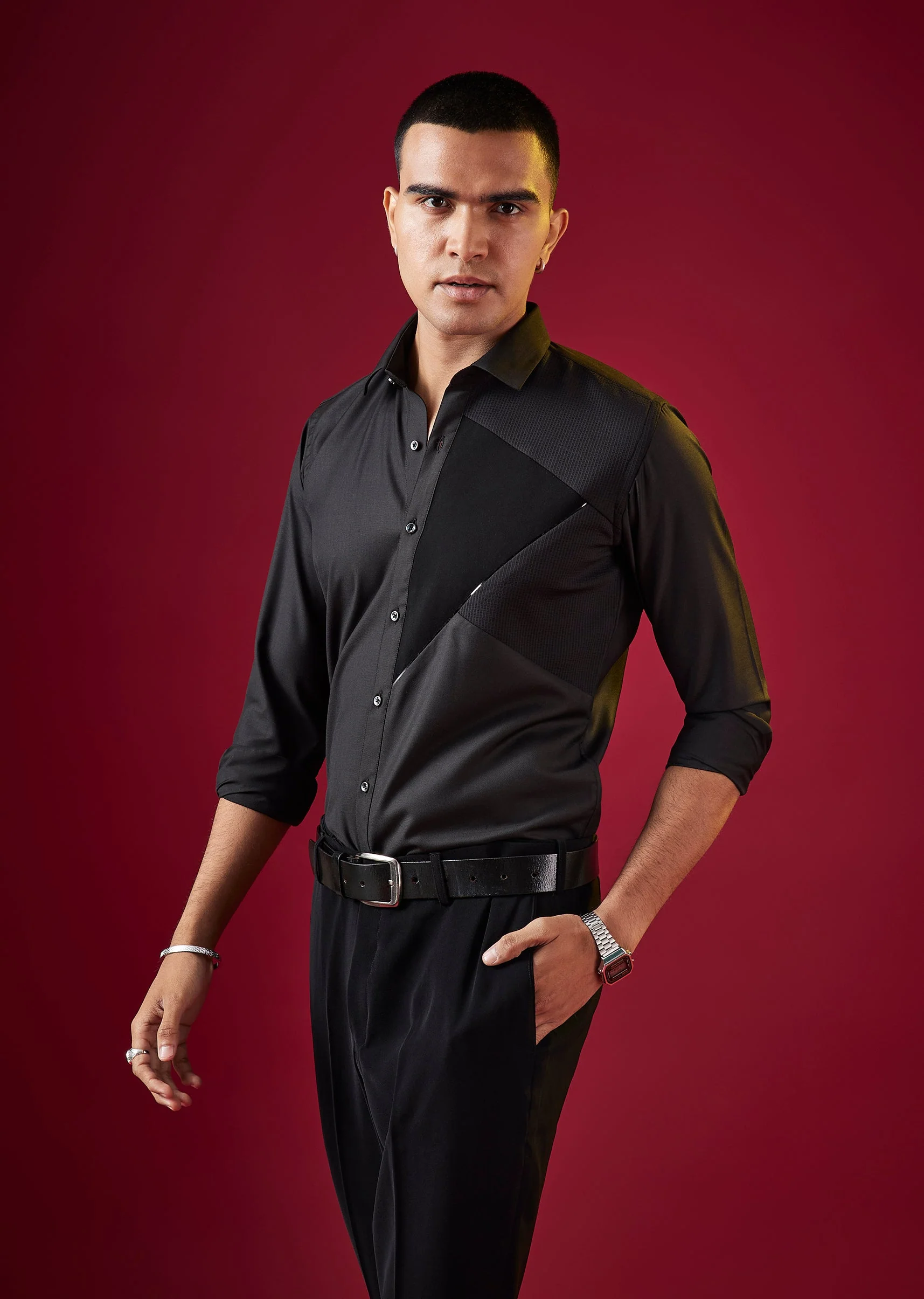 Black Patchwork Embroidered Mens Shirt - Image 3