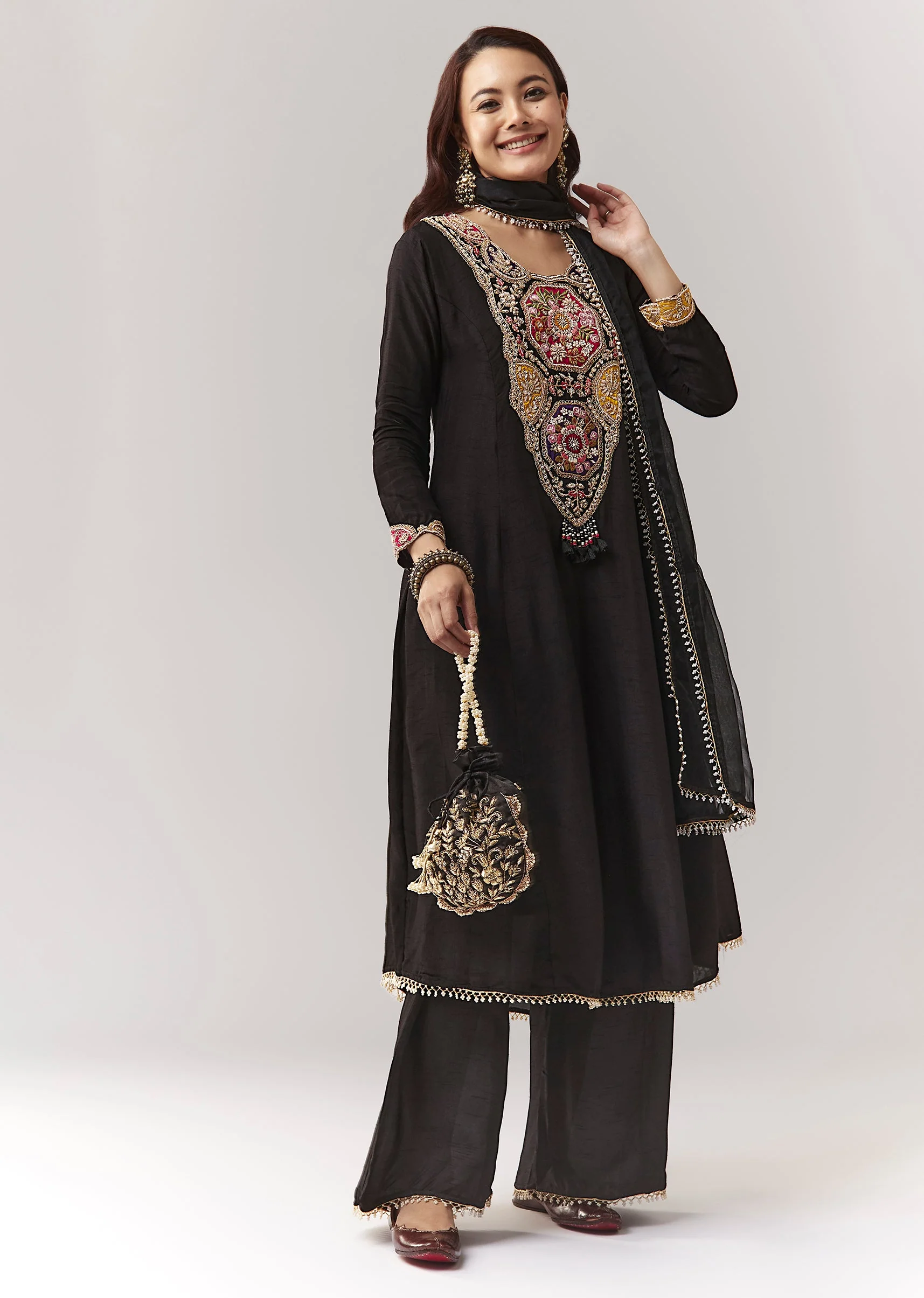 Black Patchwork Zardosi Thread Anarkali Pant Set With Dupatta - Image 3