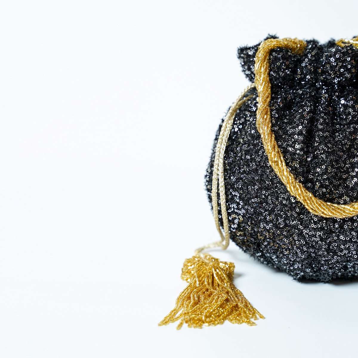 Black Potli Bag In Sequins Fabric With Cut Dana Tassels And Handle By Solasta - Image 4