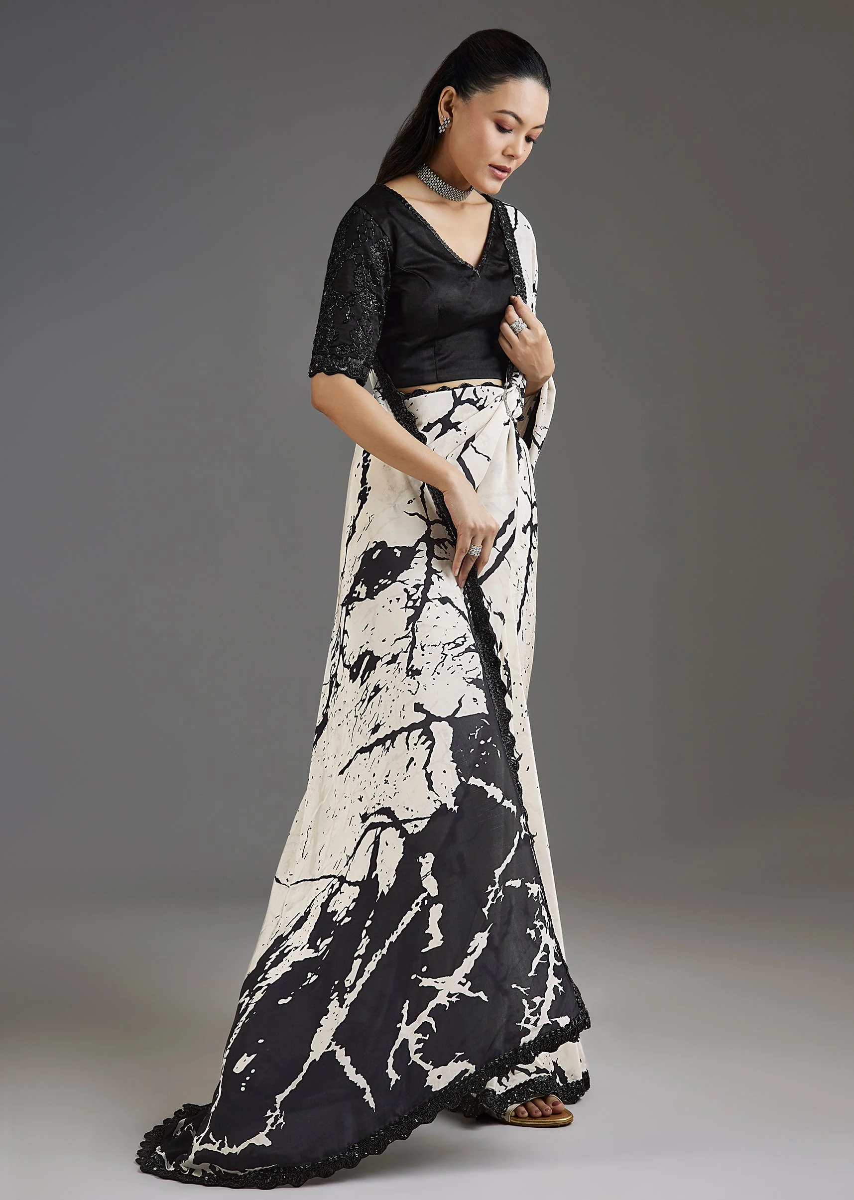 Black Printed Crepe Saree With Satin Blouse - Image 3