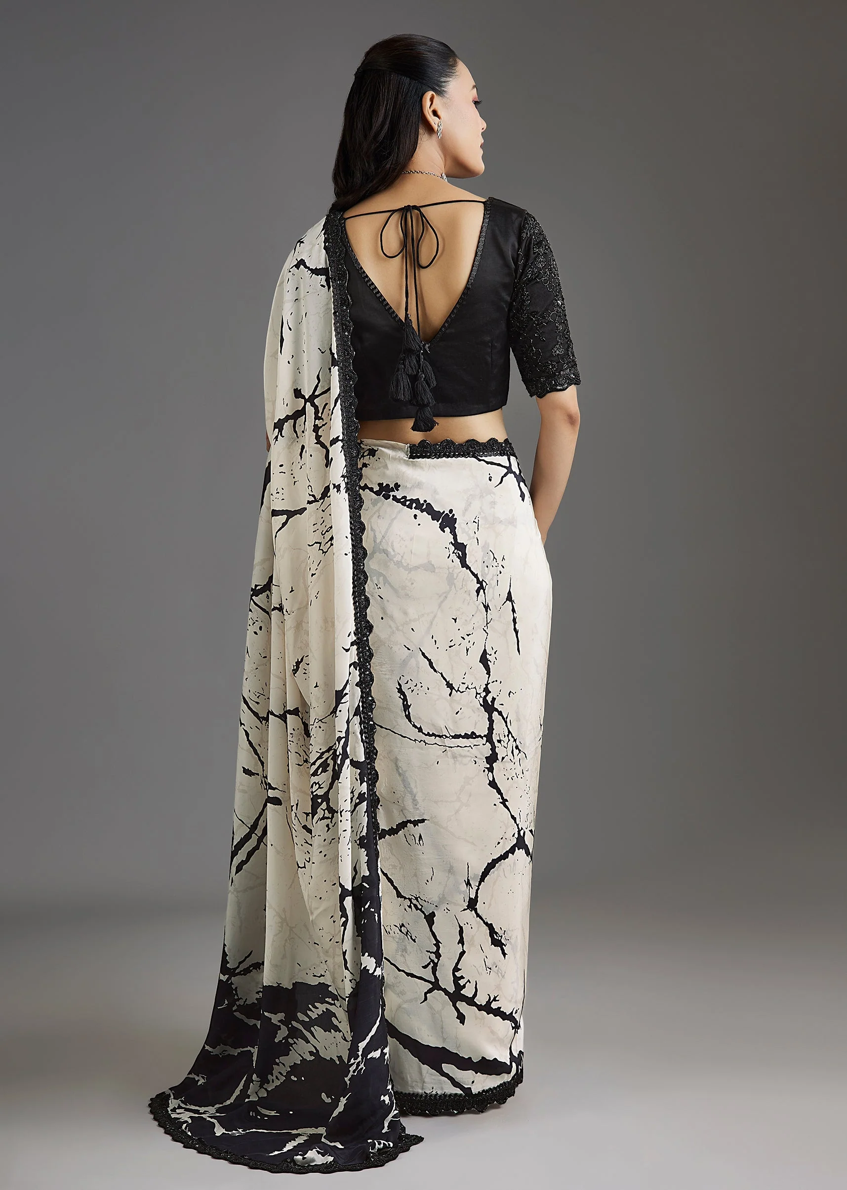 Black Printed Crepe Saree With Satin Blouse - Image 4