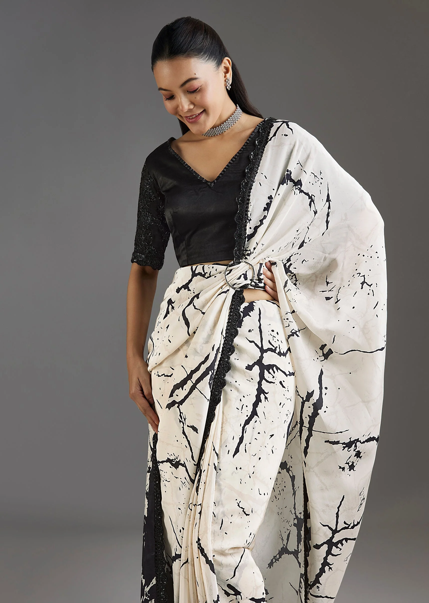 Black Printed Crepe Saree With Satin Blouse - Image 5