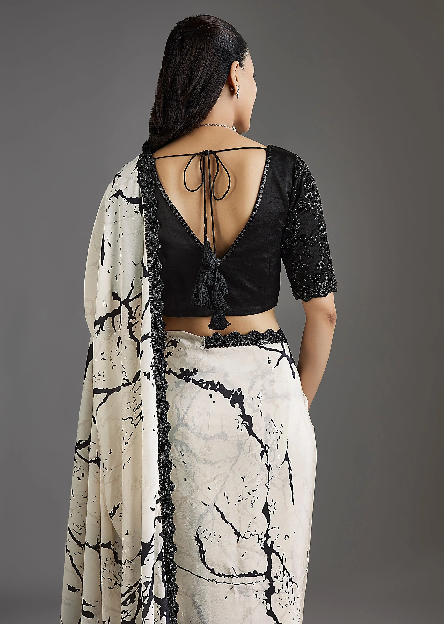 Black Printed Crepe Saree With Satin Blouse - Image 6