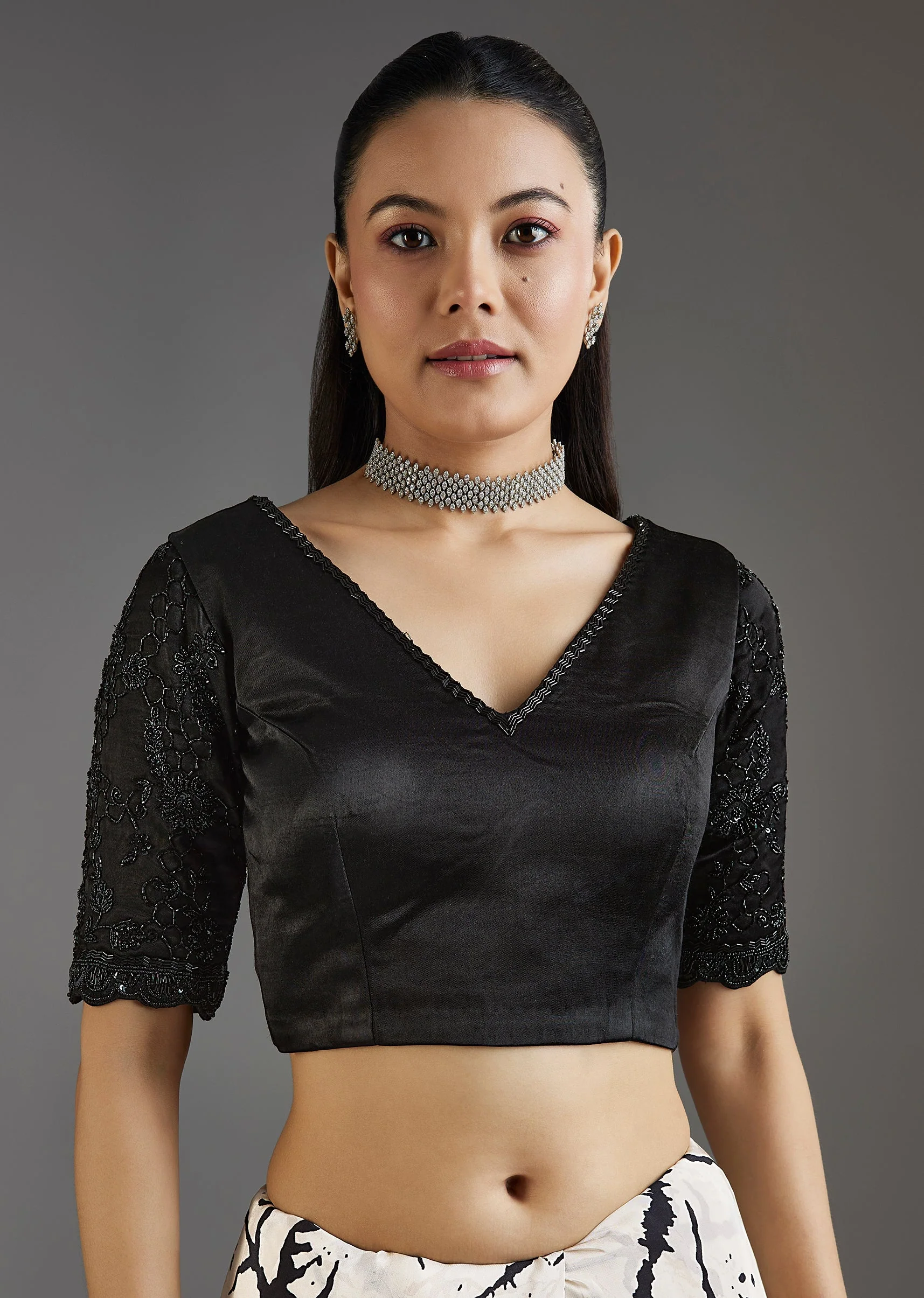 Black Printed Crepe Saree With Satin Blouse - Image 7
