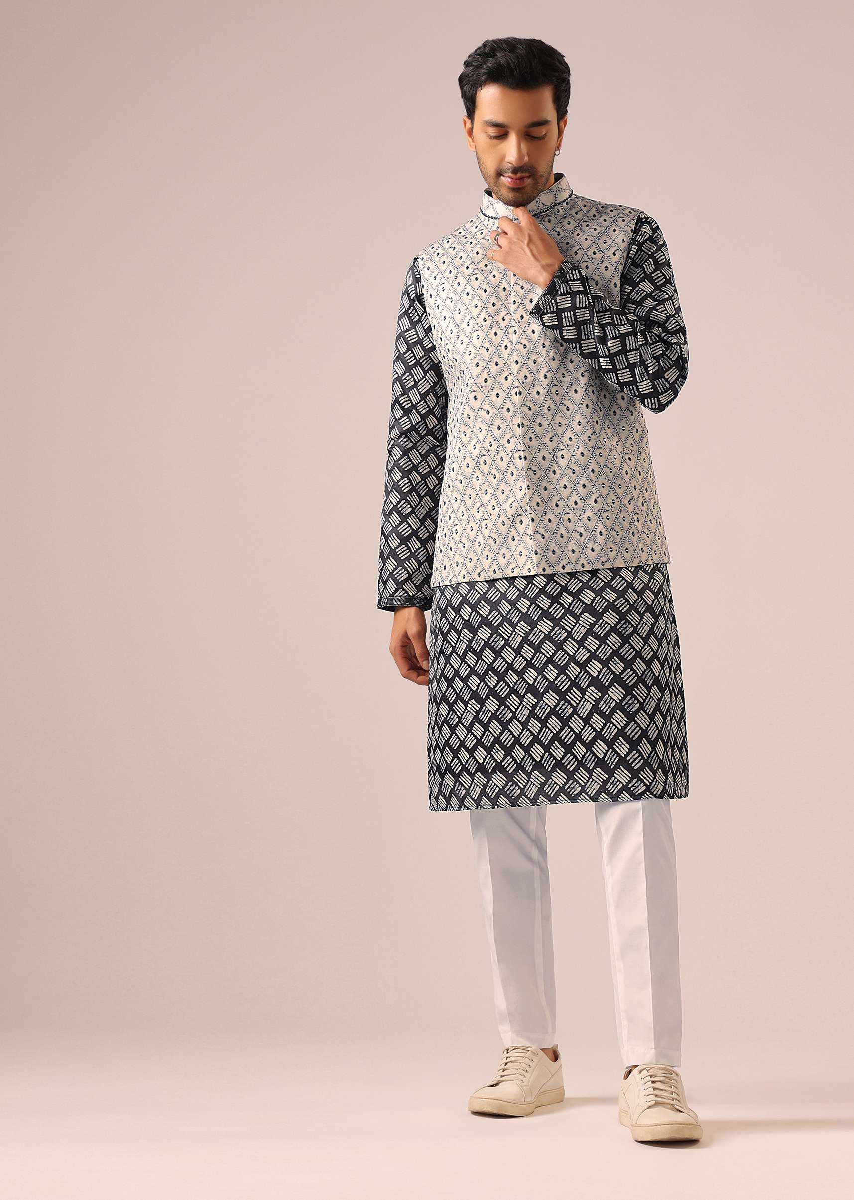 Black Printed Jacket And Kurta Set - Image 2