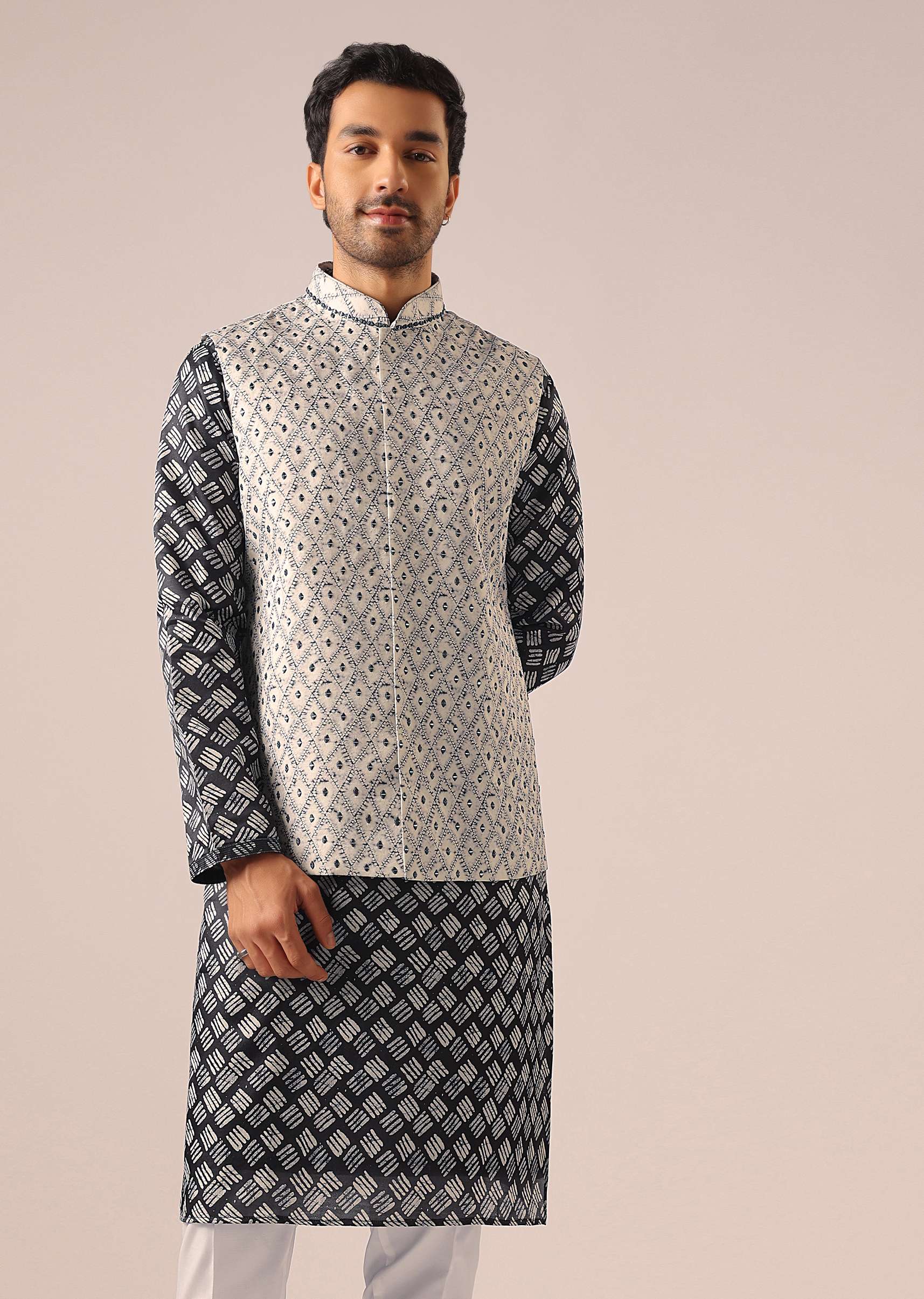 Black Printed Jacket And Kurta Set - Image 3