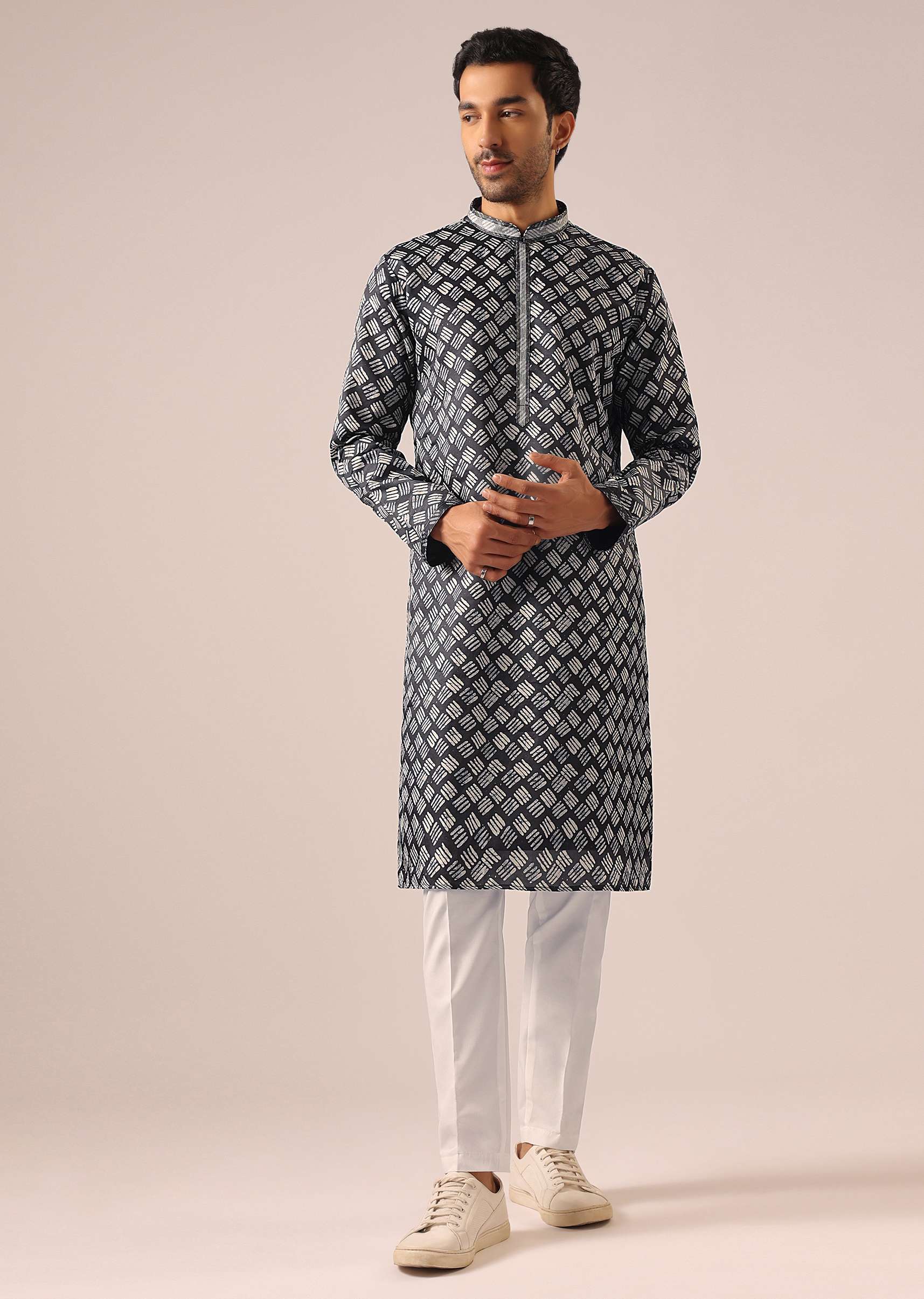 Black Printed Jacket And Kurta Set - Image 6