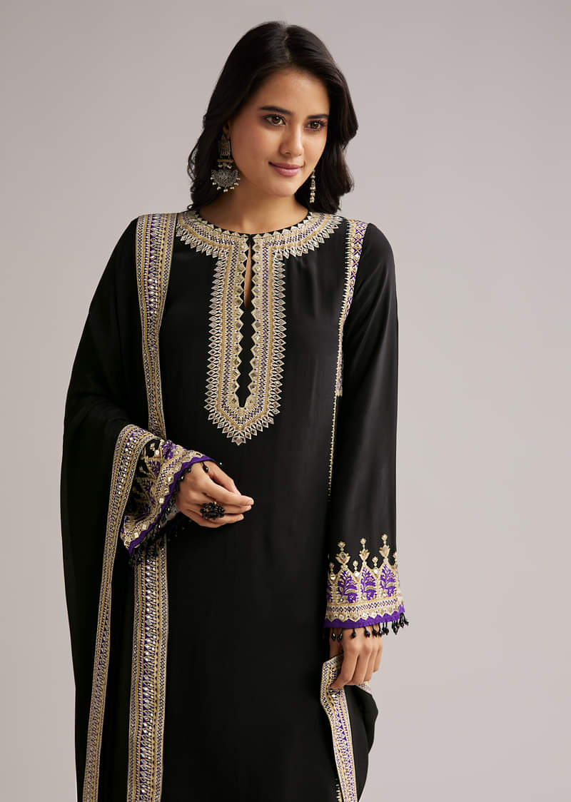 Black Printed Kurta Palazzo Set With Dupatta - Image 4
